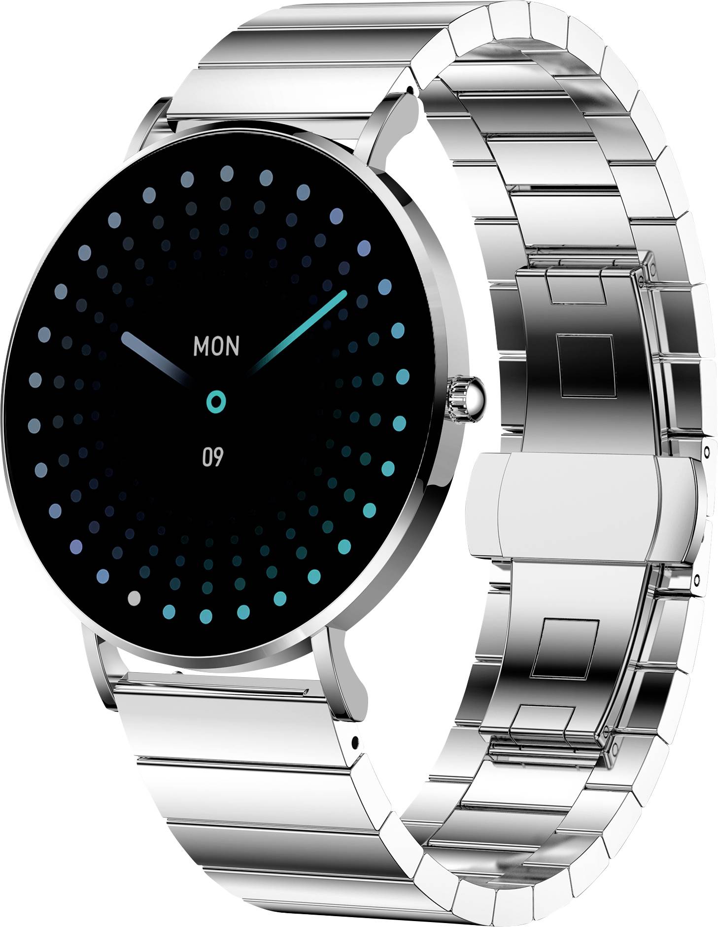 Montre intelligente moderne argentée avec un cadran rond affichant des points bleus en cercles concentriques. Date : Lundi, le 9.