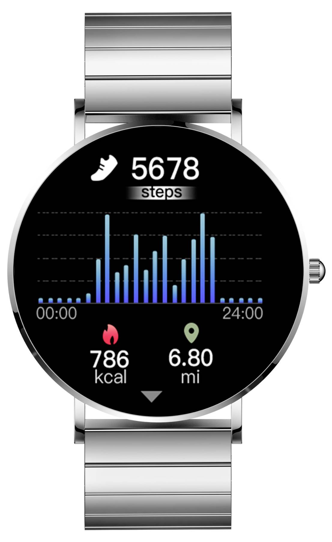 Montre connectée avec écran noir. Affiche '5678 pas', diagramme du nombre de pas, '786 kcal', '6,80 mi'. Bracelet argenté.