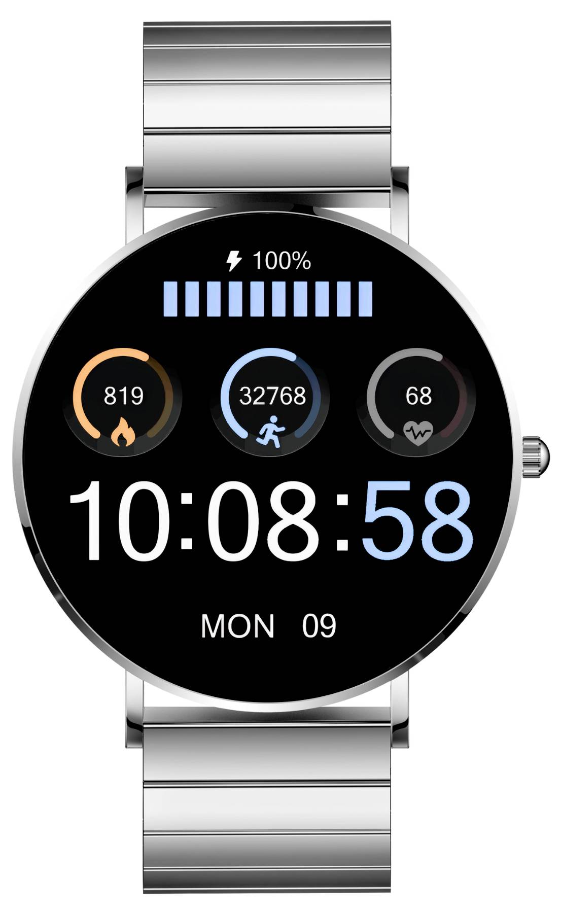 Une montre connectée affiche : Heure : 10:08:58, Date : Lundi, 9. Pas : 32 768, Calories : 819, Fréquence cardiaque : 68 BPM. Niveau de batterie : 100 %.
