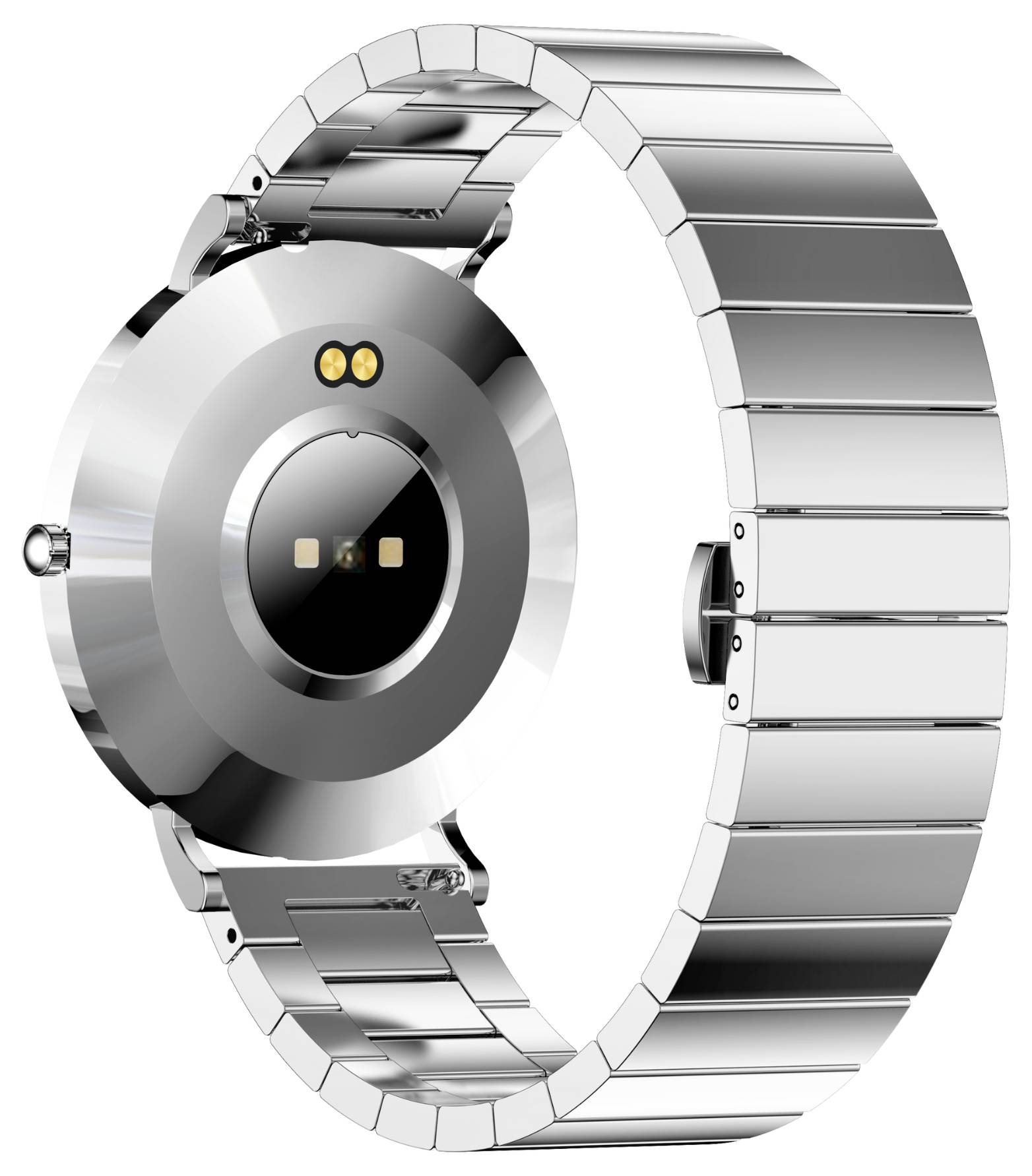 Montre connectée argentée avec bracelet en métal. Le dos présente des capteurs de suivi de la condition physique. Montre conçue pour les utilisateurs modernes et actifs.