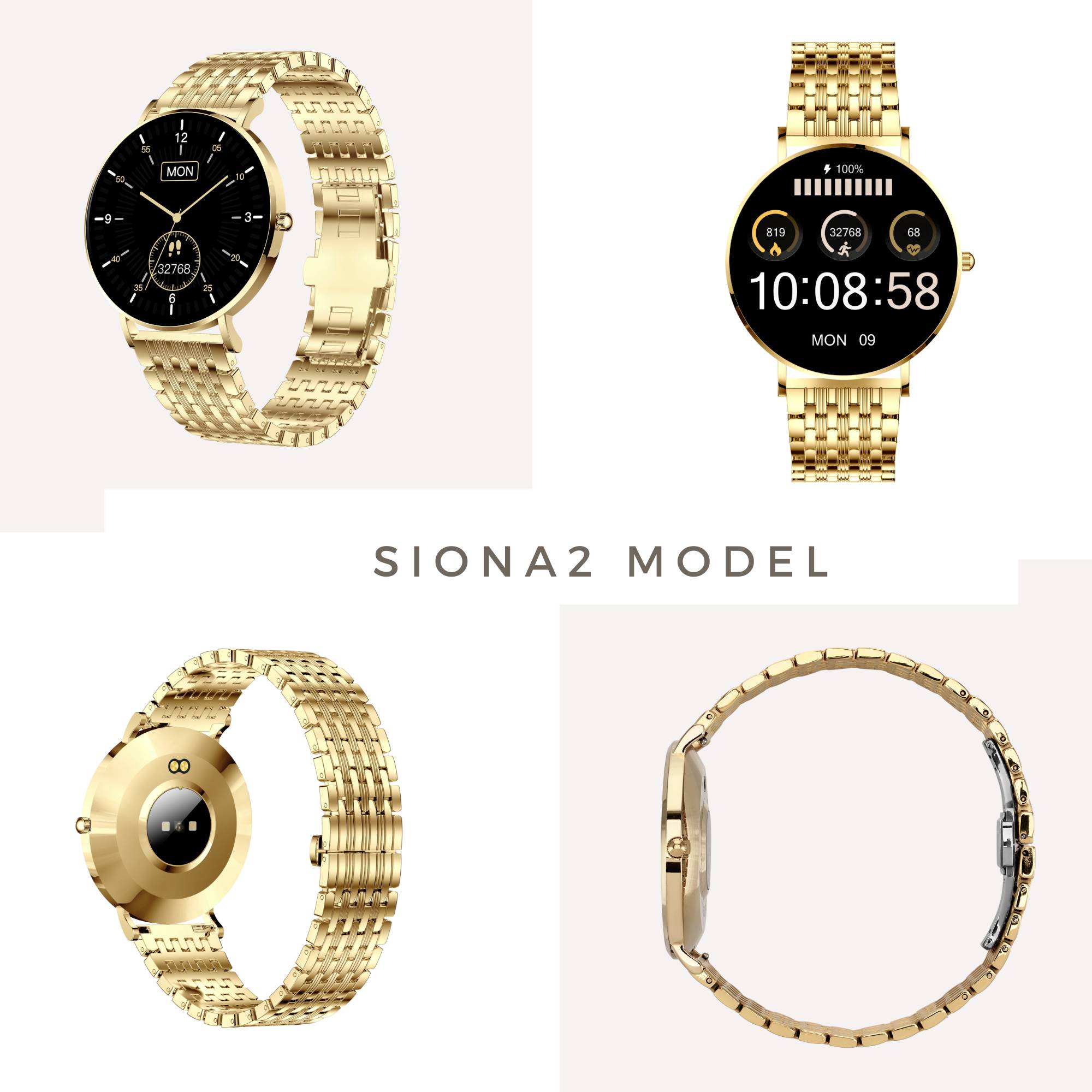 Montre connectée dorée avec cadran rond, affichage numérique et vue latérale. Modèle 'Siona2'. Différentes perspectives présentées.