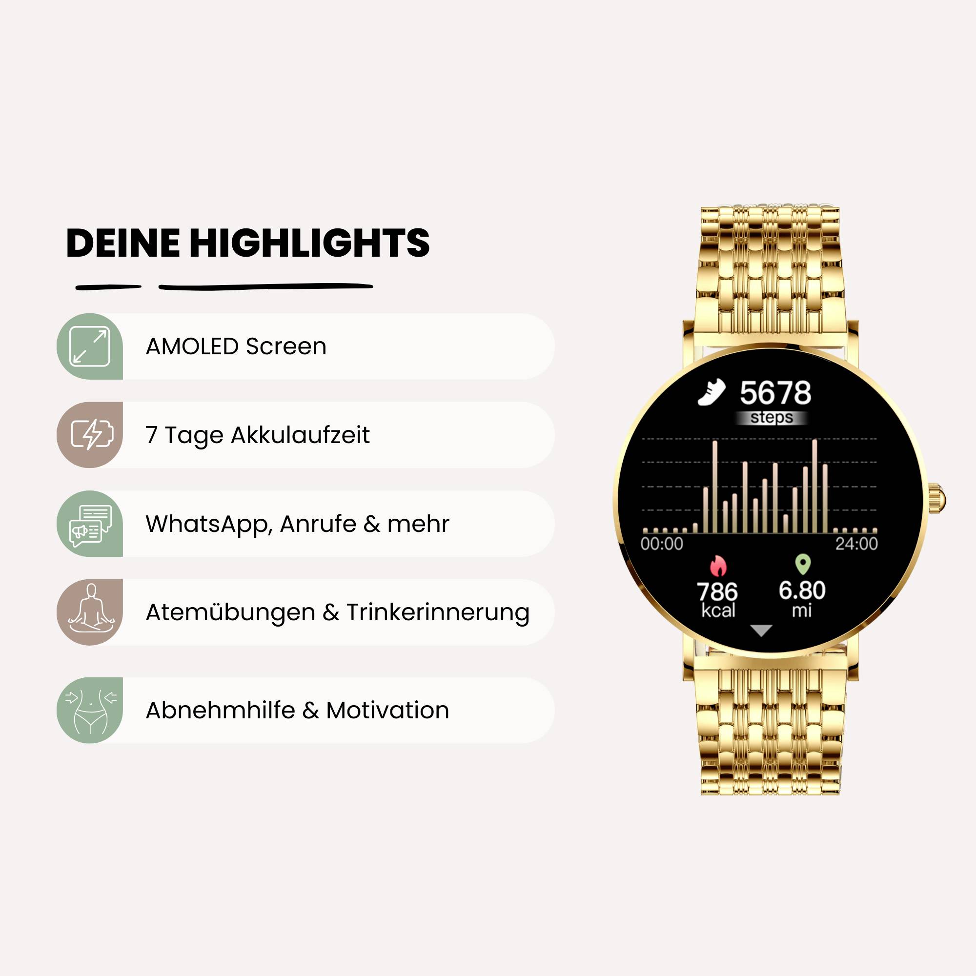 Une montre connectée dorée à écran rond affiche les pas, les calories et la fréquence cardiaque. À gauche sont listées ses fonctionnalités telles que l'écran AMOLED et une autonomie de 7 jours.