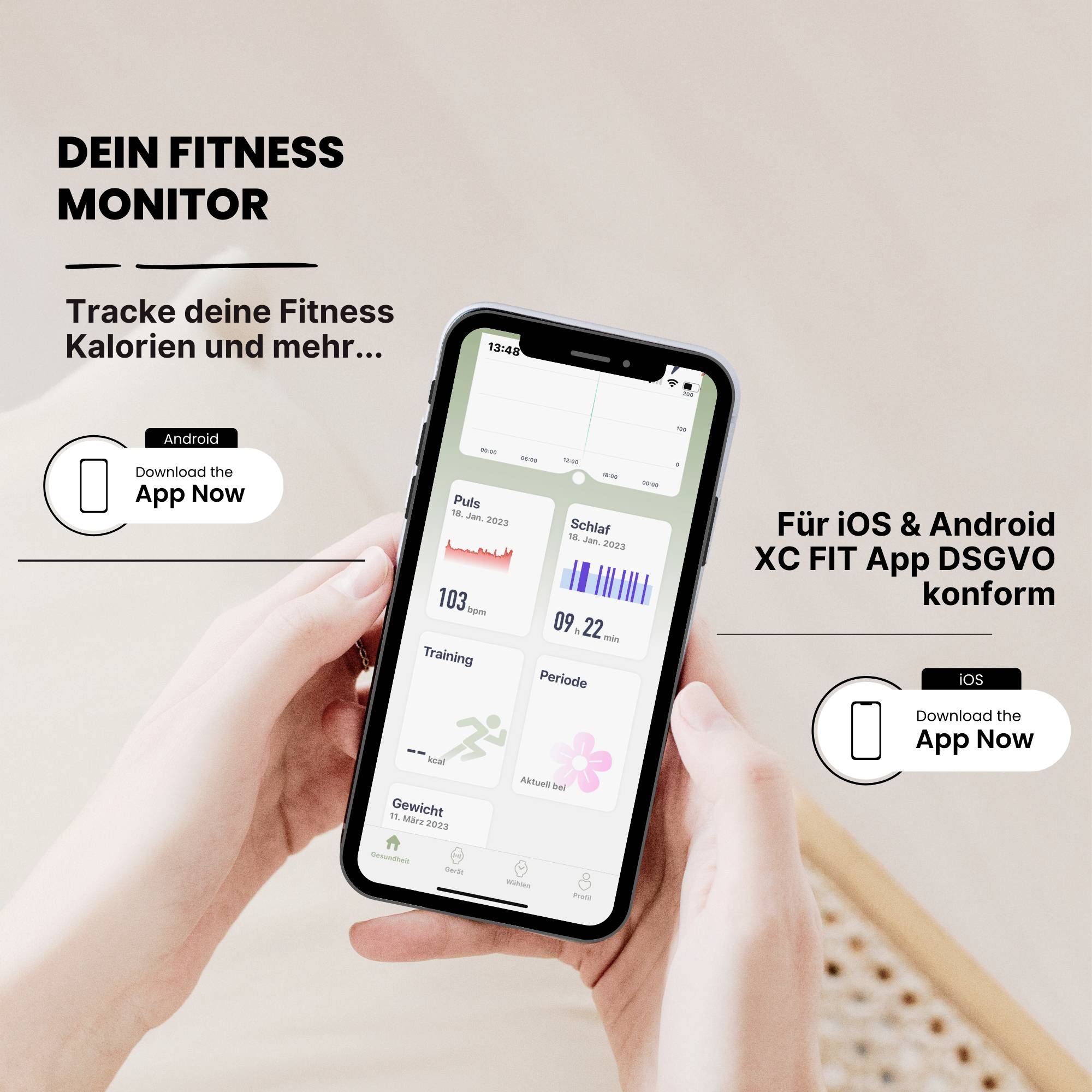 Votre moniteur de fitness : Suivez votre forme physique, calories et plus encore. Disponible pour iOS & Android. Application XC FIT conforme au RGPD.