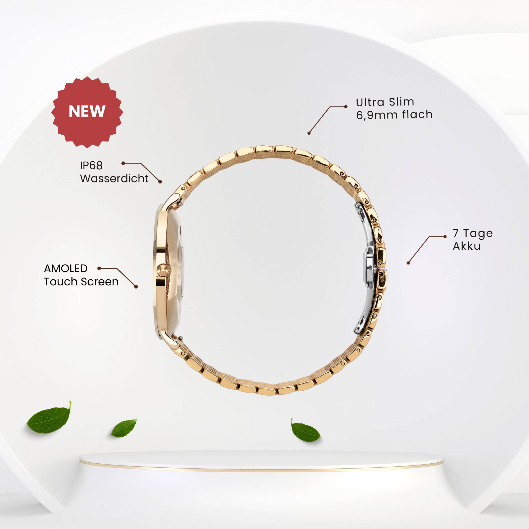 Élégante montre connectée vue de côté, avec étanchéité IP68, écran tactile AMOLED, design ultra-fin et autonomie de 7 jours.