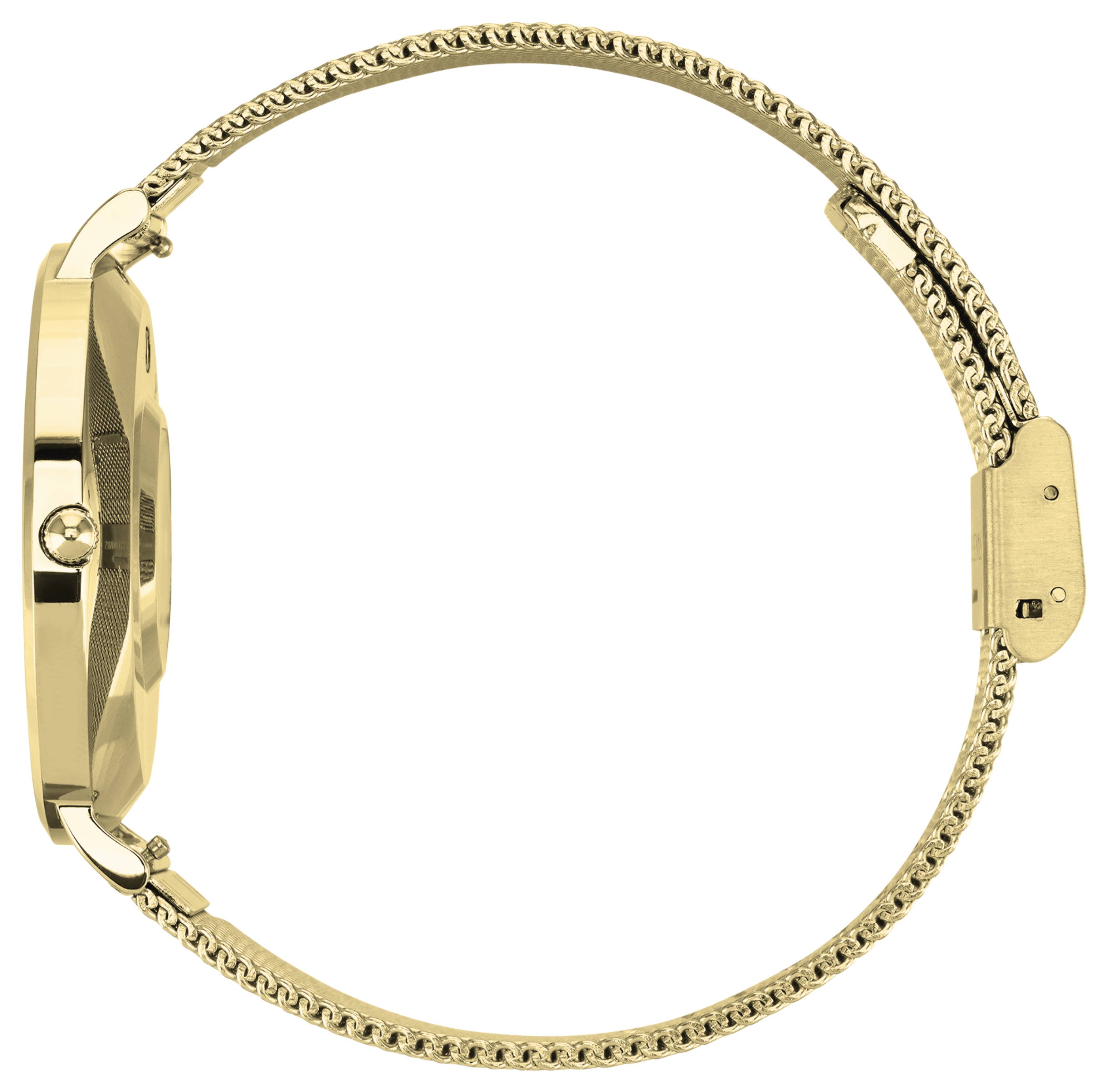 Une montre-bracelet en or avec un bracelet finement tressé, vue de côté.