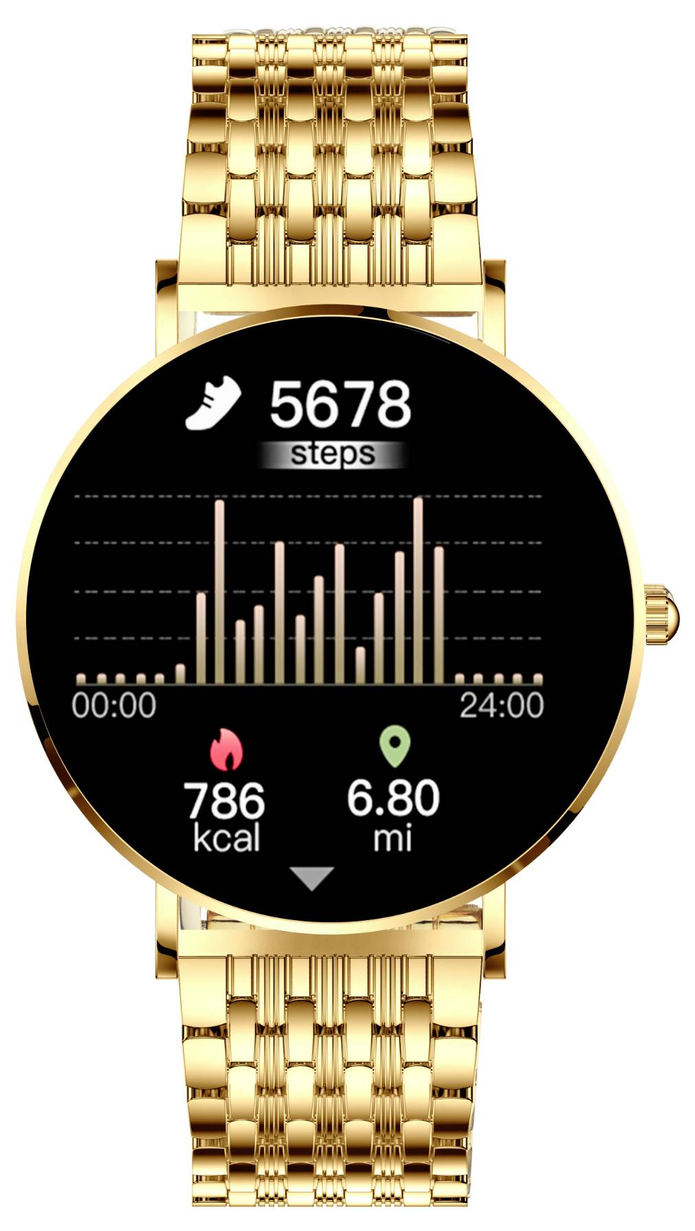 Montre connectée dorée affichant le nombre de pas, les calories brûlées et la distance parcourue. L'écran indique 5678 pas avec un graphique à barres.