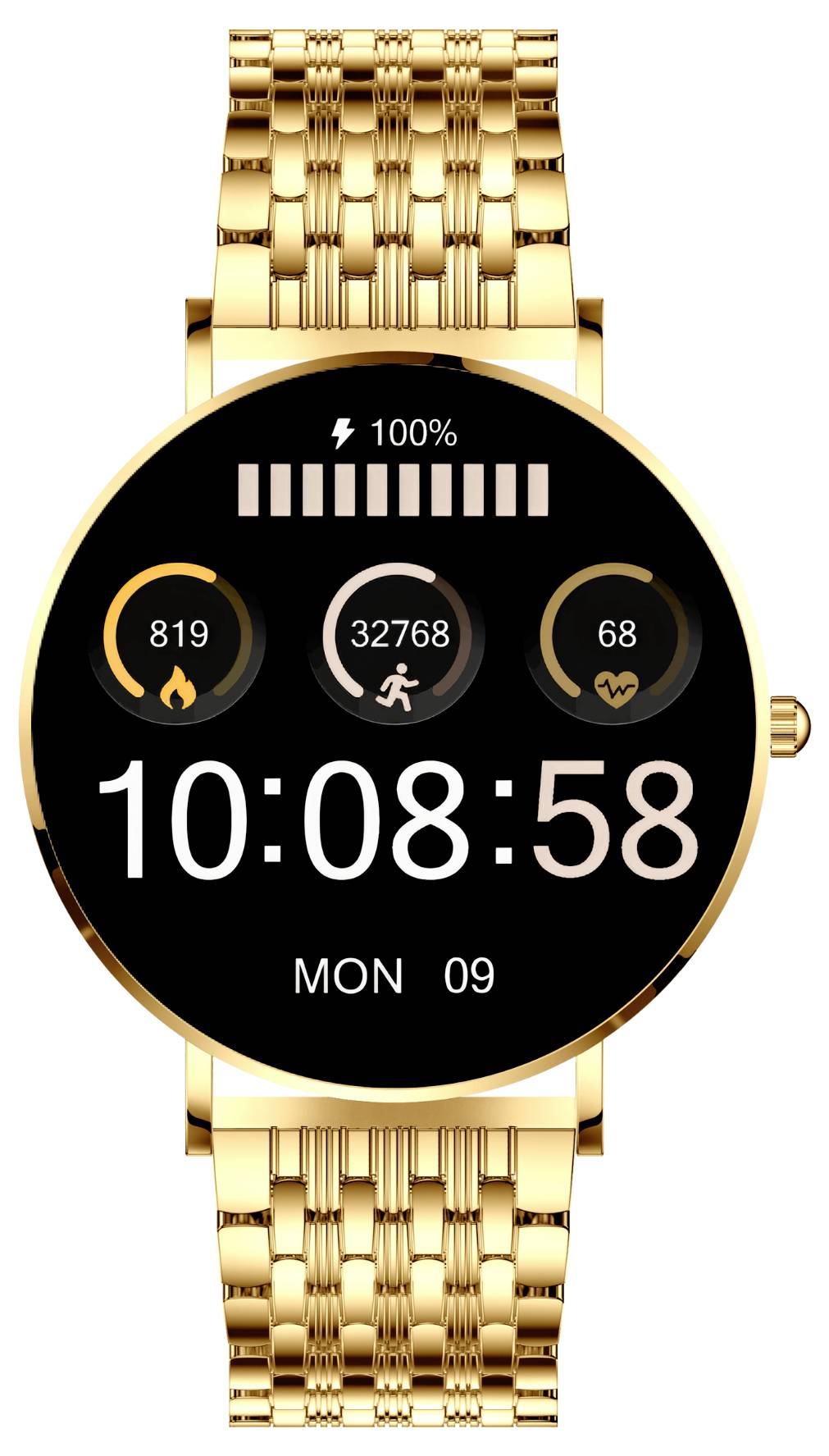 Montre connectée dorée avec cadran noir, affiche les pas '32768', calories '819', fréquence cardiaque '68', heure '10:08:58'.