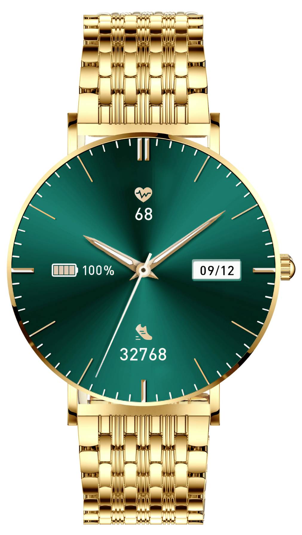 Montre-bracelet dorée avec un cadran vert. Affiche une fréquence cardiaque de 68, un statut de batterie à 100%, la date '09/12' et 32 768 pas.
