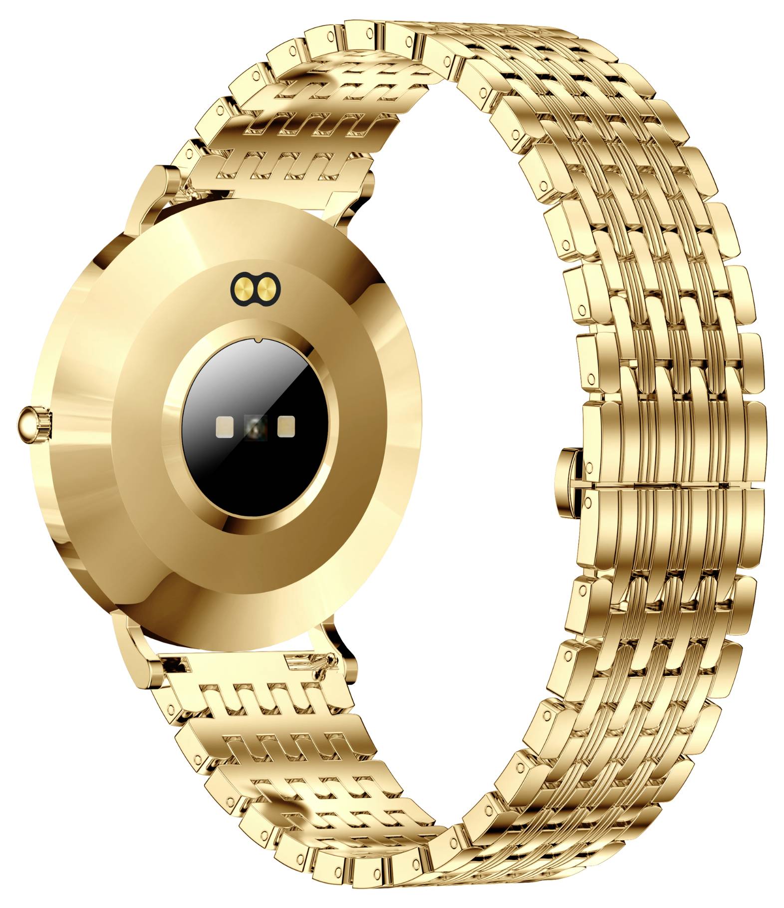 Montre-bracelet dorée avec un cadran rond et un bracelet en métal, vue de dos.