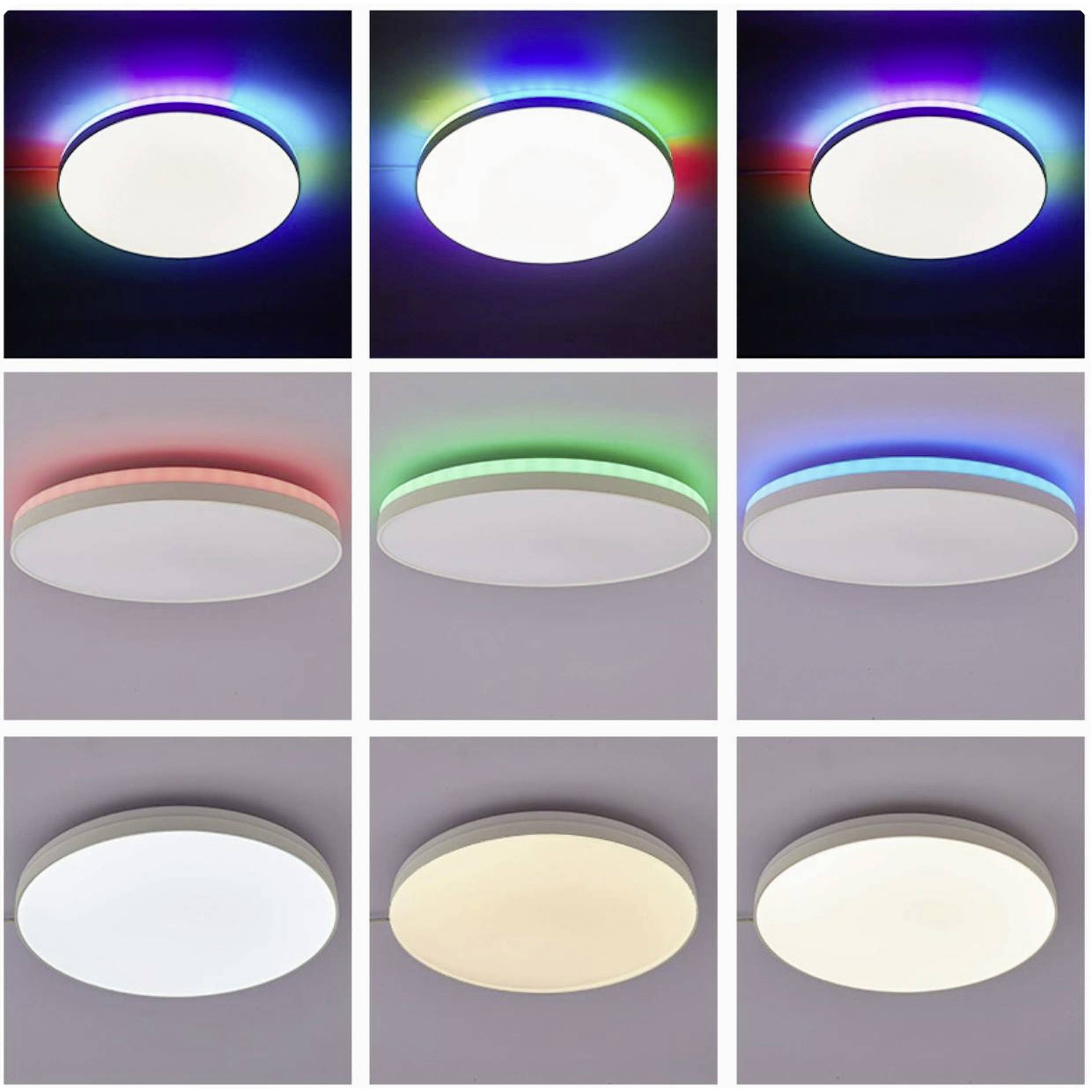 Une grille de luminaires de plafond affiche différents modes de couleurs : la rangée supérieure émet des teintes arc-en-ciel ; la rangée médiane présente du rouge, du vert et du bleu ; les luminaires du bas sont blancs, chaleureux et tamisés.