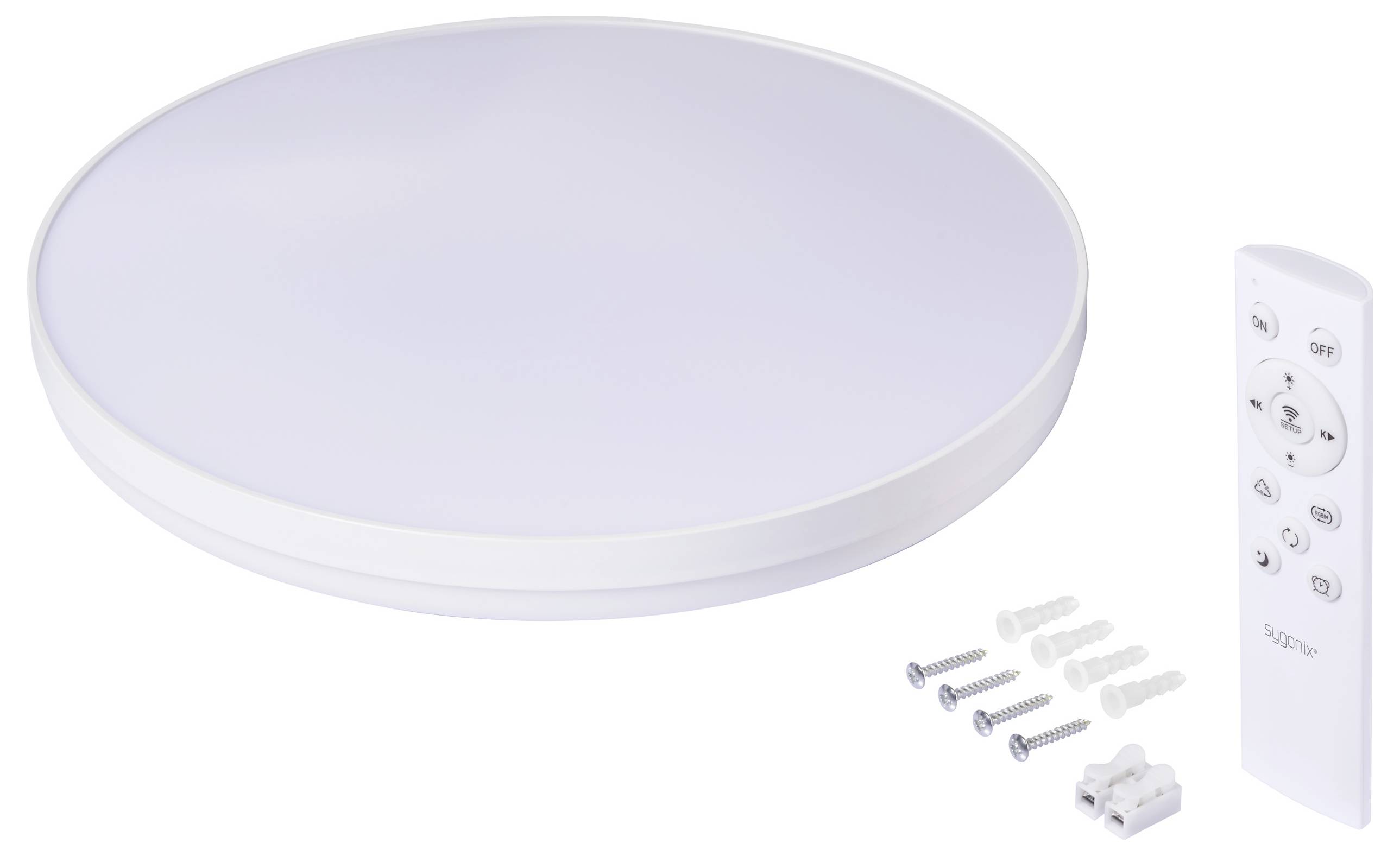 Plafonnier LED rond avec télécommande, quatre vis, chevilles murales et connecteur de câblage.