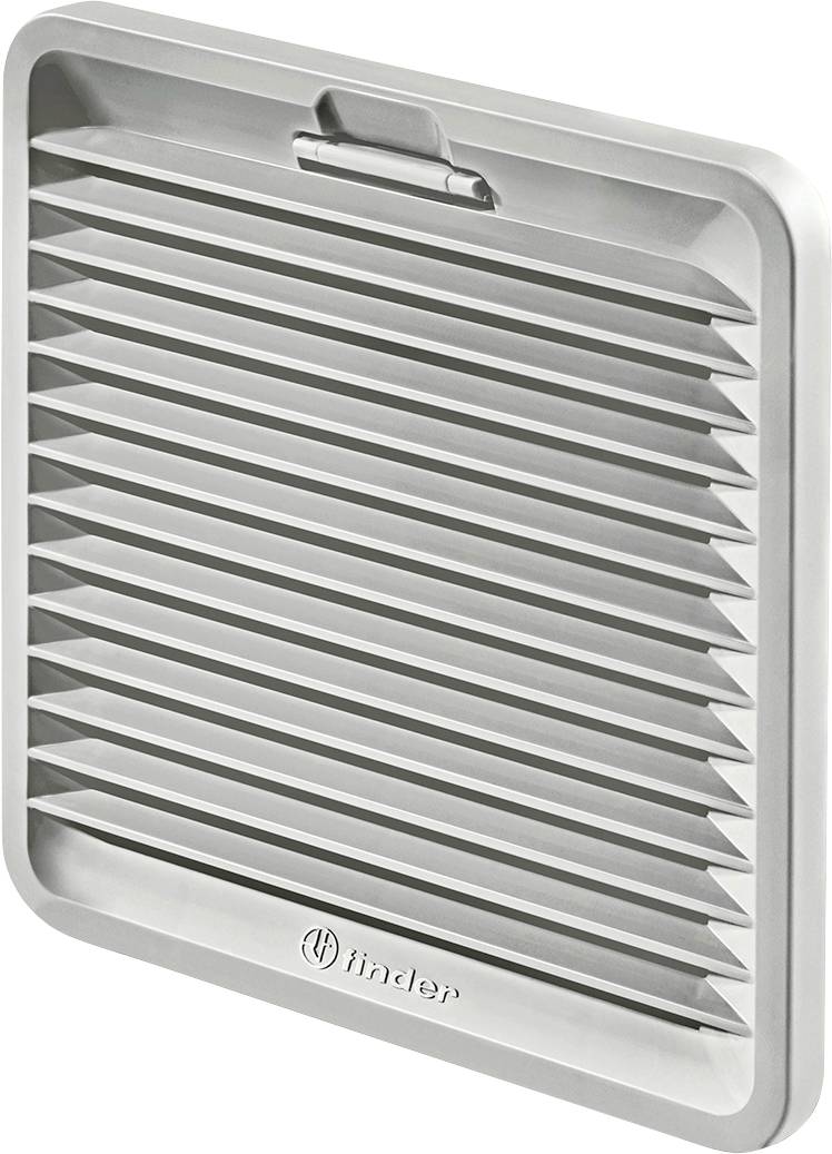 Une grille de ventilation rectangulaire en métal avec plusieurs lamelles inclinées, un cadre et une petite poignée en haut.