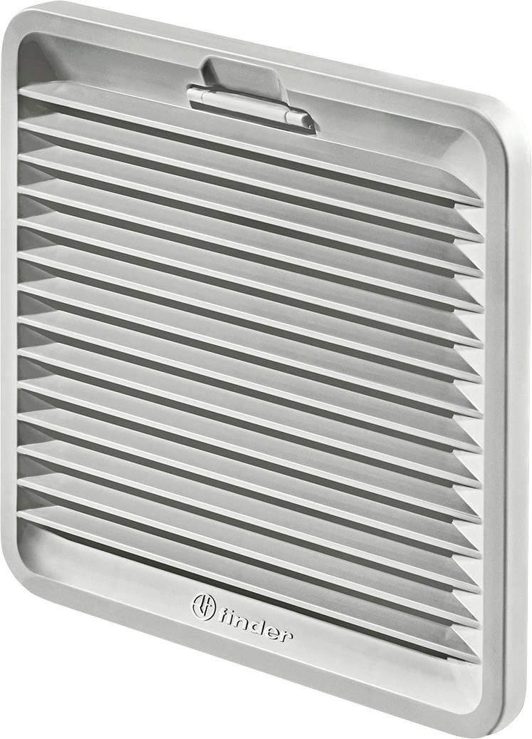 Grille de ventilation rectangulaire, de couleur argentée, avec des lamelles horizontales et un logo imprimé en bas.