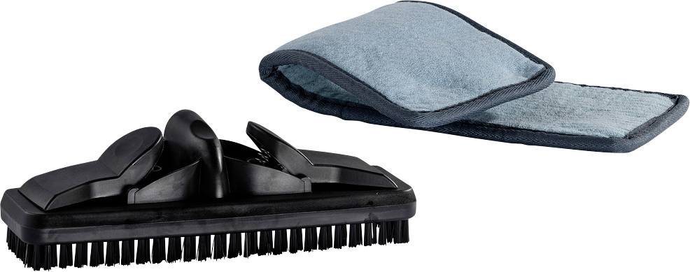Système de balayage avec tête de balai noir et housse en microfibre bleue. Idéal pour nettoyer les surfaces lisses.