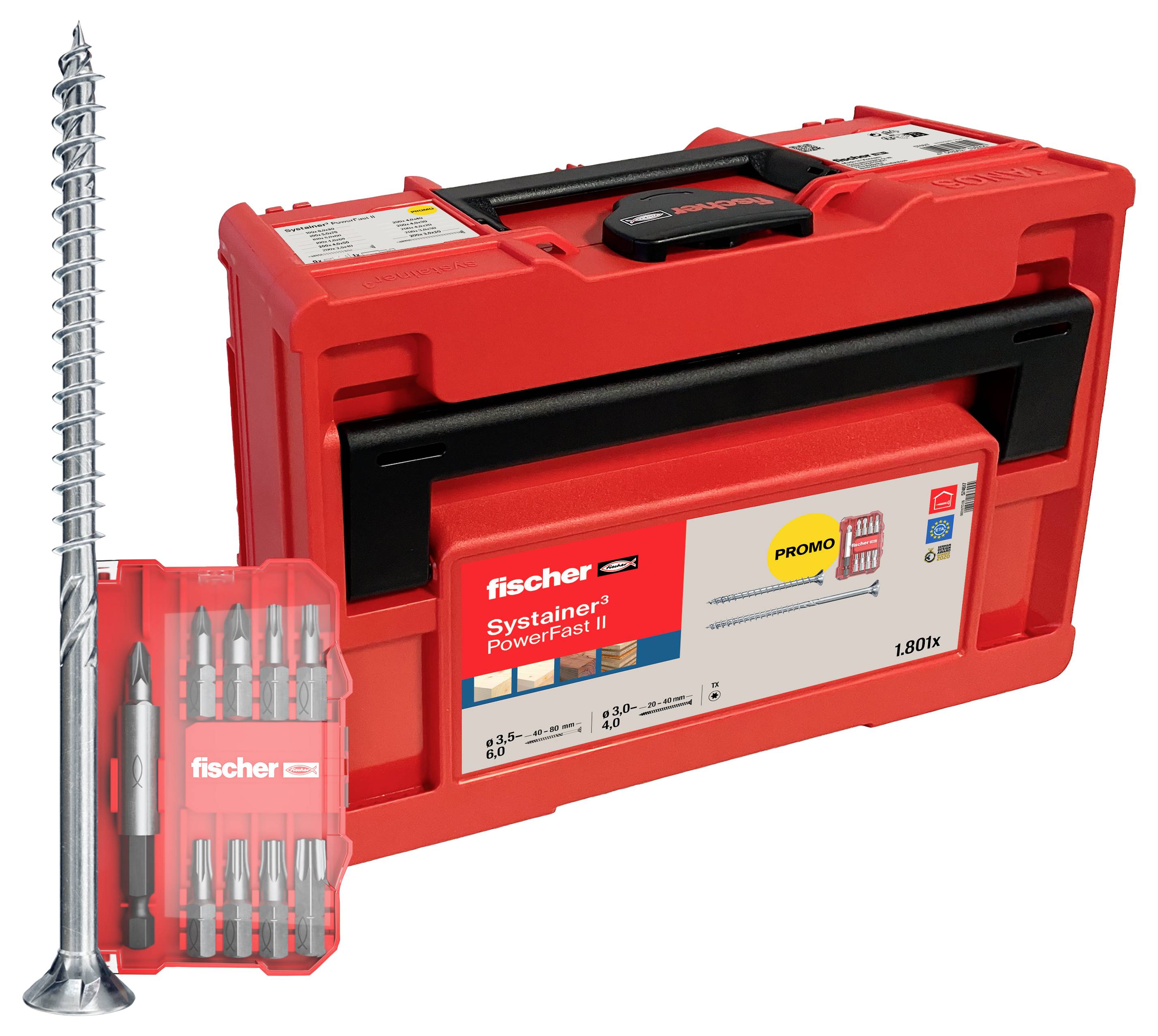 Boîte à outils rouge Fischer étiquetée « Systainer PowerFast II », comprenant un jeu de forets et une longue vis métallique placée à côté de la boîte.