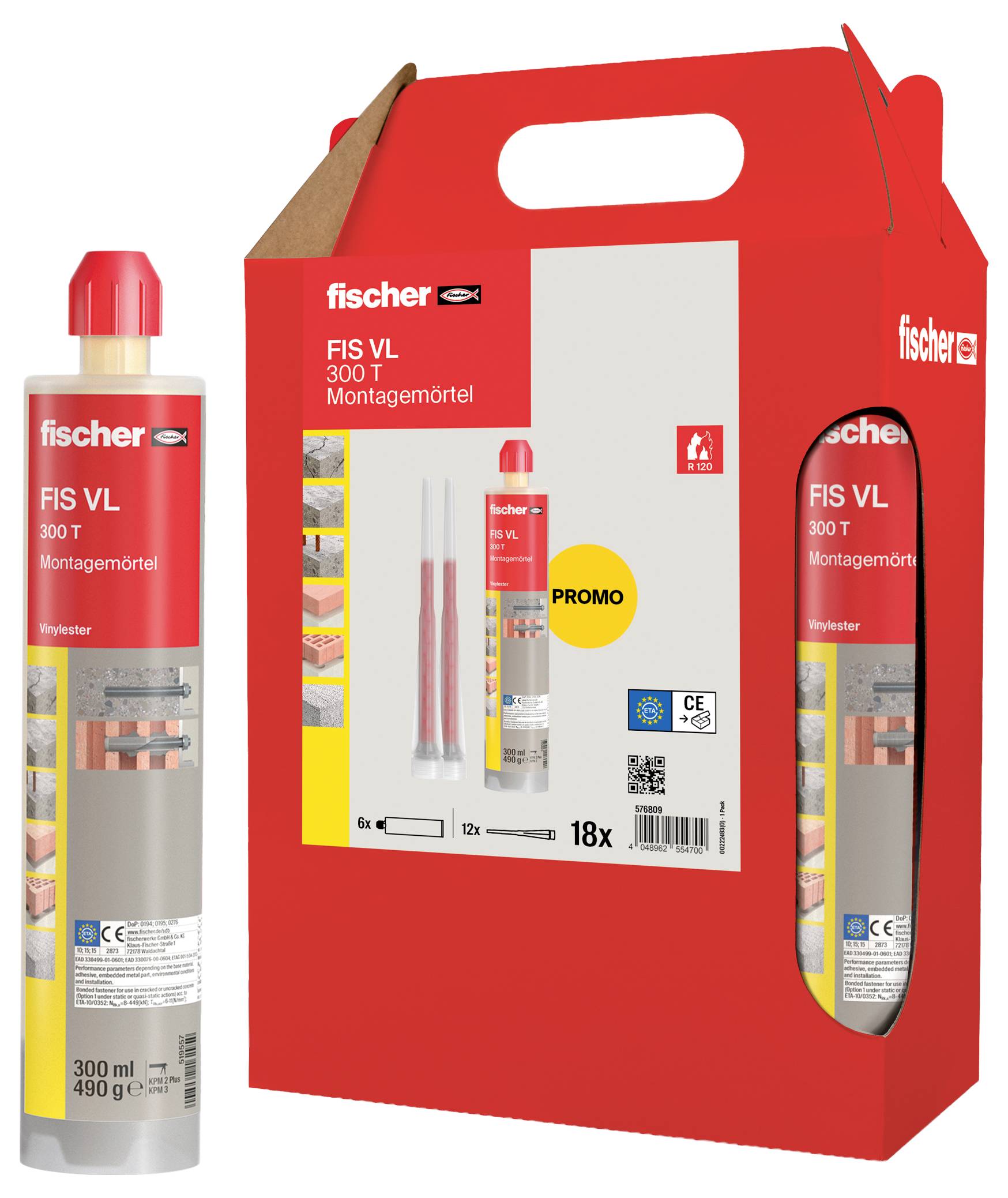 Un emballage rouge d'un mortier d'ancrage Fischer FIS VL 300 T avec une cartouche en plastique à côté, utilisé pour des travaux de construction et de montage.