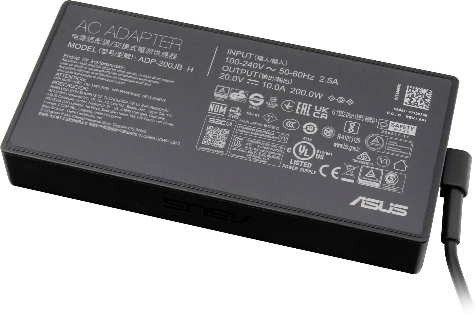 L'image montre un chargeur adaptateur secteur Asus noir avec des spécifications imprimées. Il dispose d'entrées de 100-240V et de sorties de 20V, 10A.