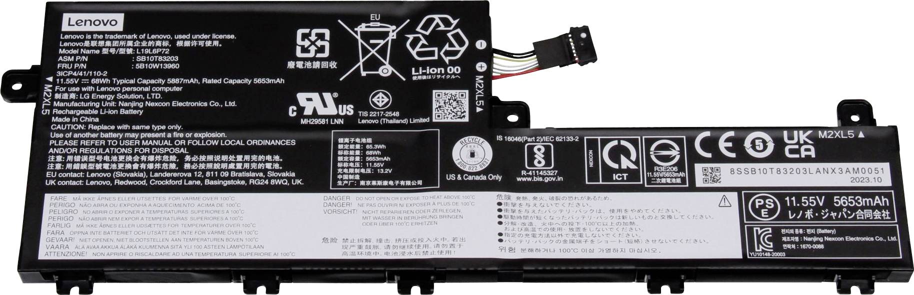 Lenovo Batterie d'ordinateur portable Akku 5B10W13960 11.55 V 5887 mAh Lenovo