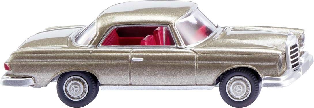 Une voiture miniature en marron métallisé avec des sièges intérieurs rouges. Elle présente un design classique et nostalgique.