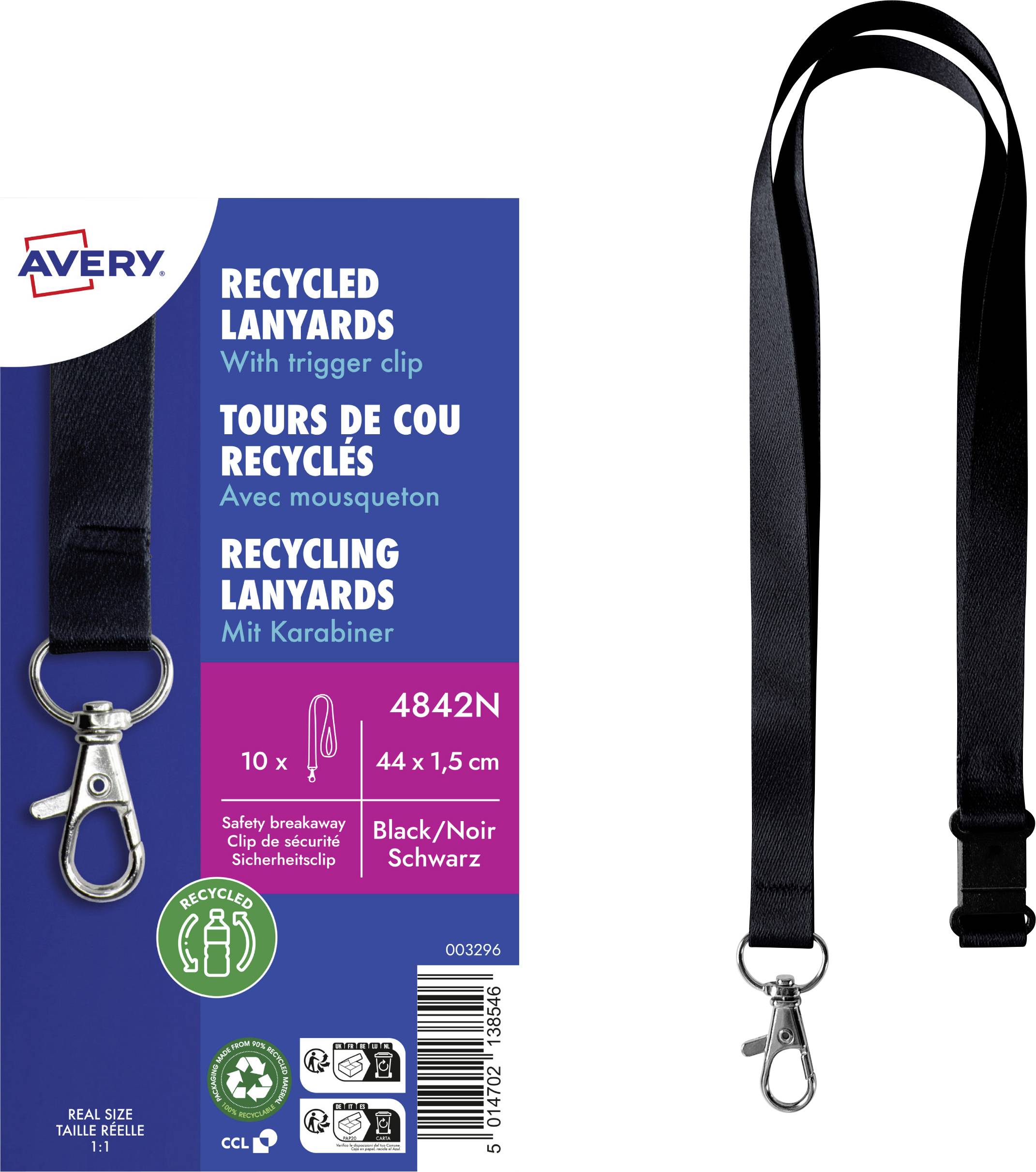 Cordons recyclés avec clip de déclenchement. Fermeture de sécurité amovible. 44 x 1,5 cm. Noir. Pack de 10. Marquage Avery. Comprend des symboles de recyclage.