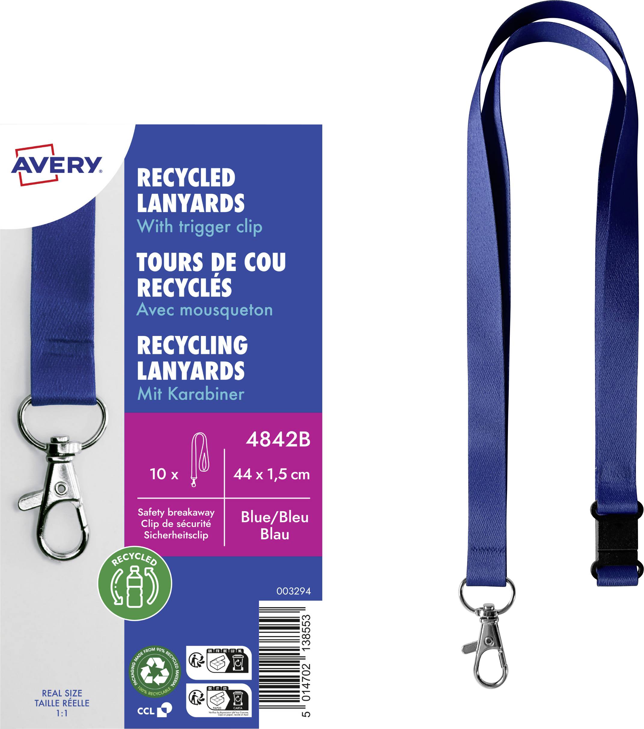 Emballage de 'Lanyards Recyclables' présentant un lanyard bleu avec clip de déclenchement. Comprend du texte bilingue et des symboles de recyclage.
