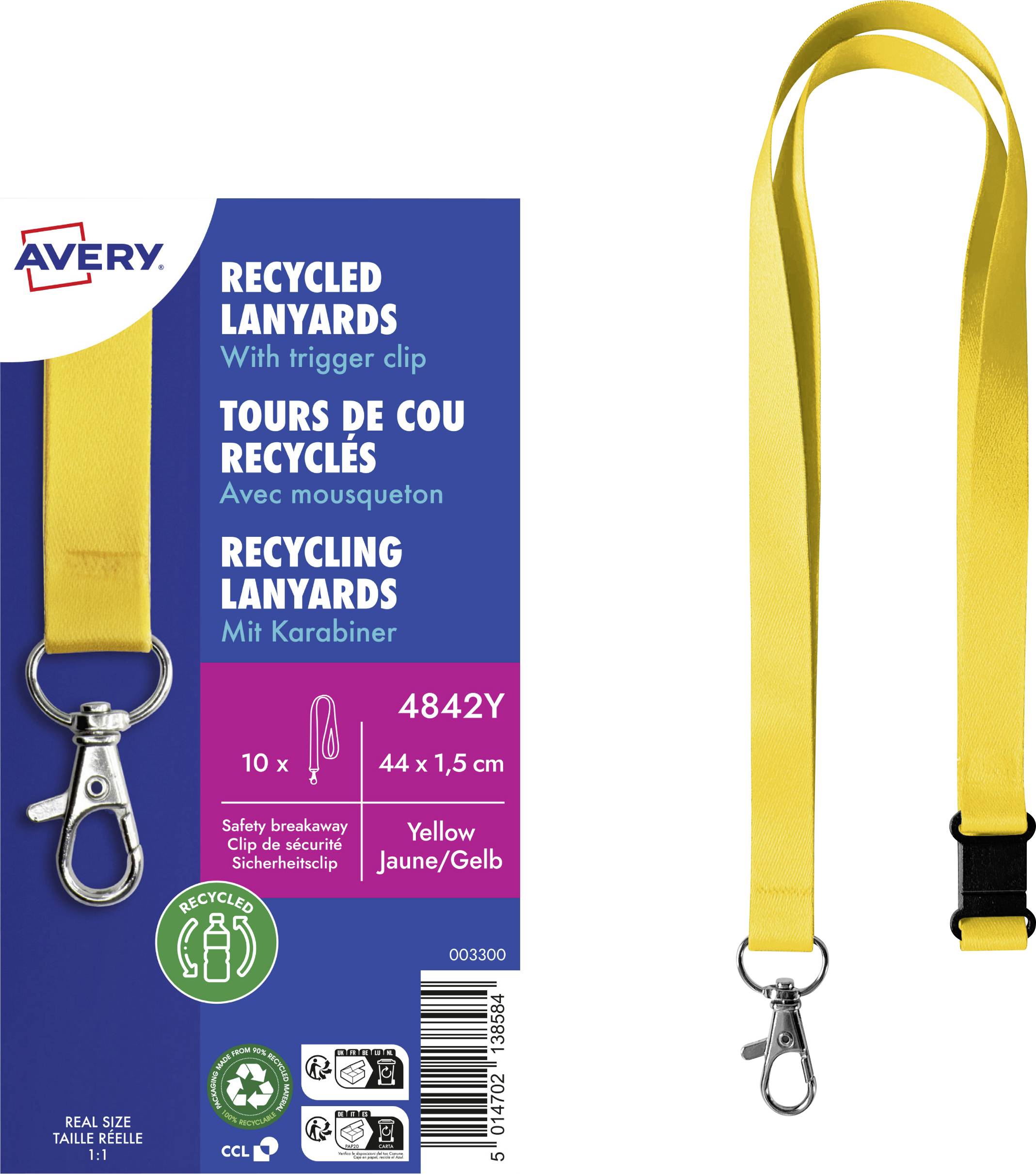 Un cordon de sécurité jaune en matériau recyclé avec un clip déclencheur est présenté. L'emballage indique « Cordons recyclés », « 10x », et « Clip de sécurité à décrochage rapide ».