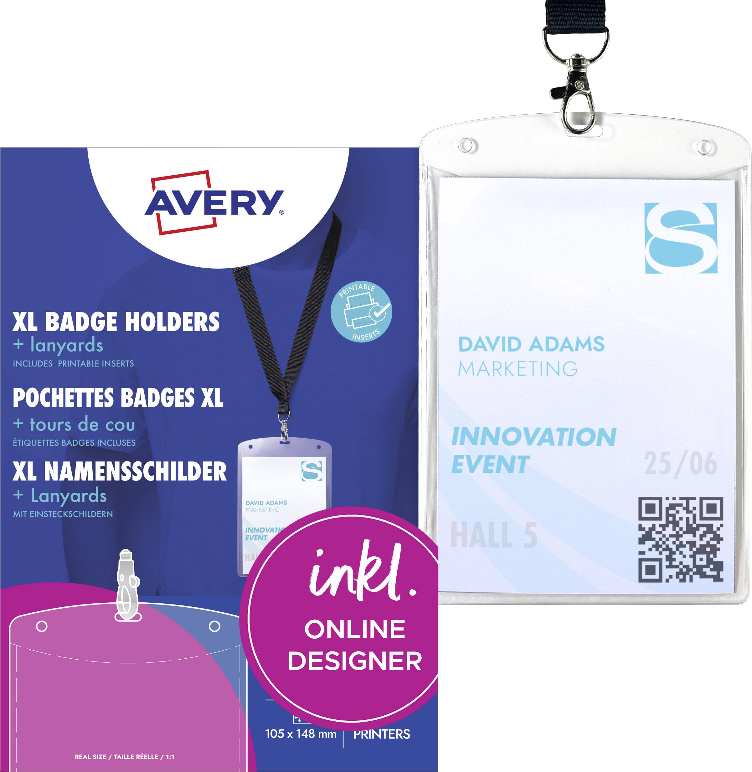 Supports de badges XL avec cordons' par Avery, présentés avec un badge indiquant 'David Adams, Marketing, Événement Innovation, Hall 5, 25/06'.