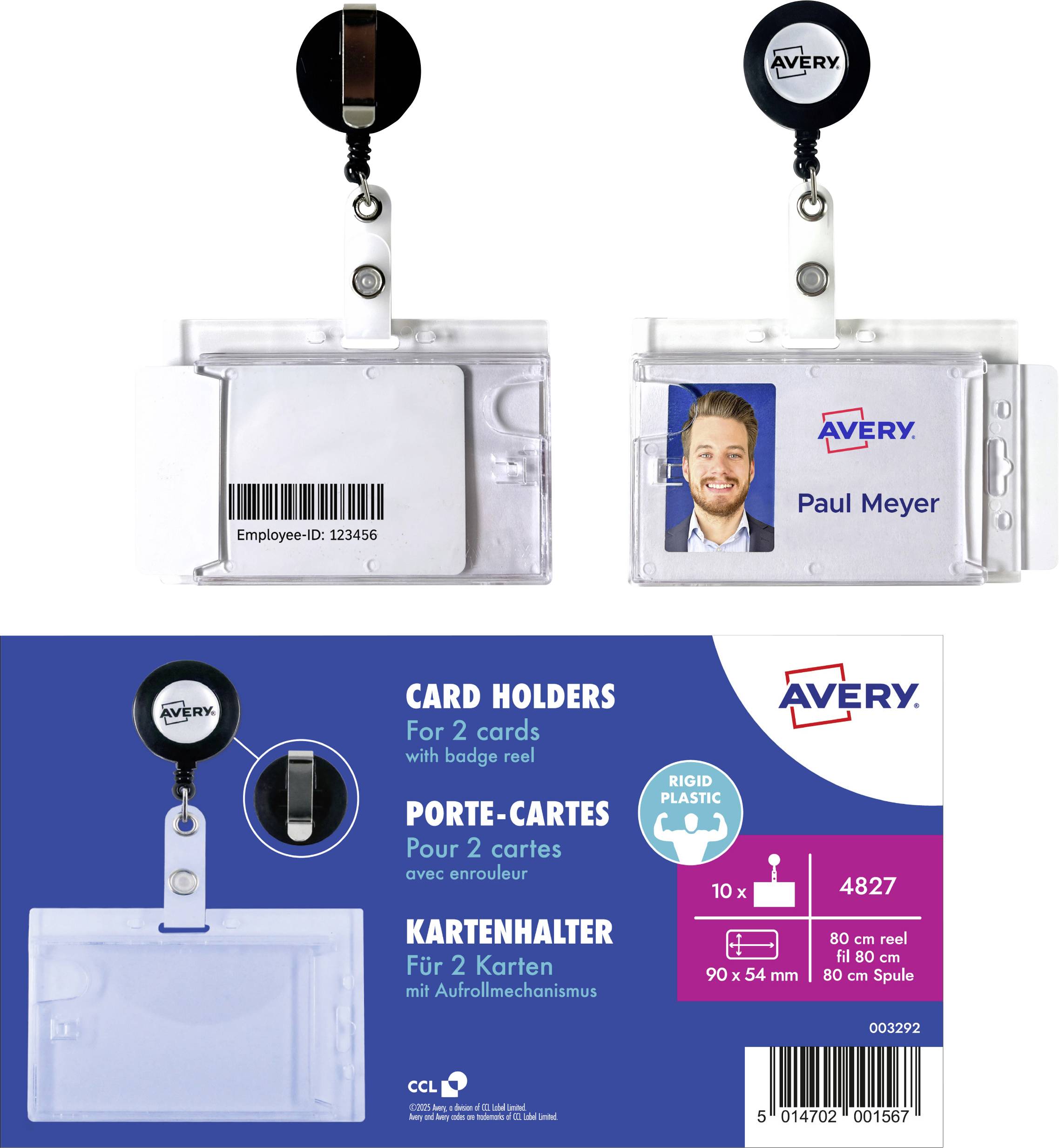 Porte-badge pour 2 cartes avec enrouleur, présentant une carte 'Employé-ID : 123456' et une carte photo d'exemple libellée 'Paul Meyer'.