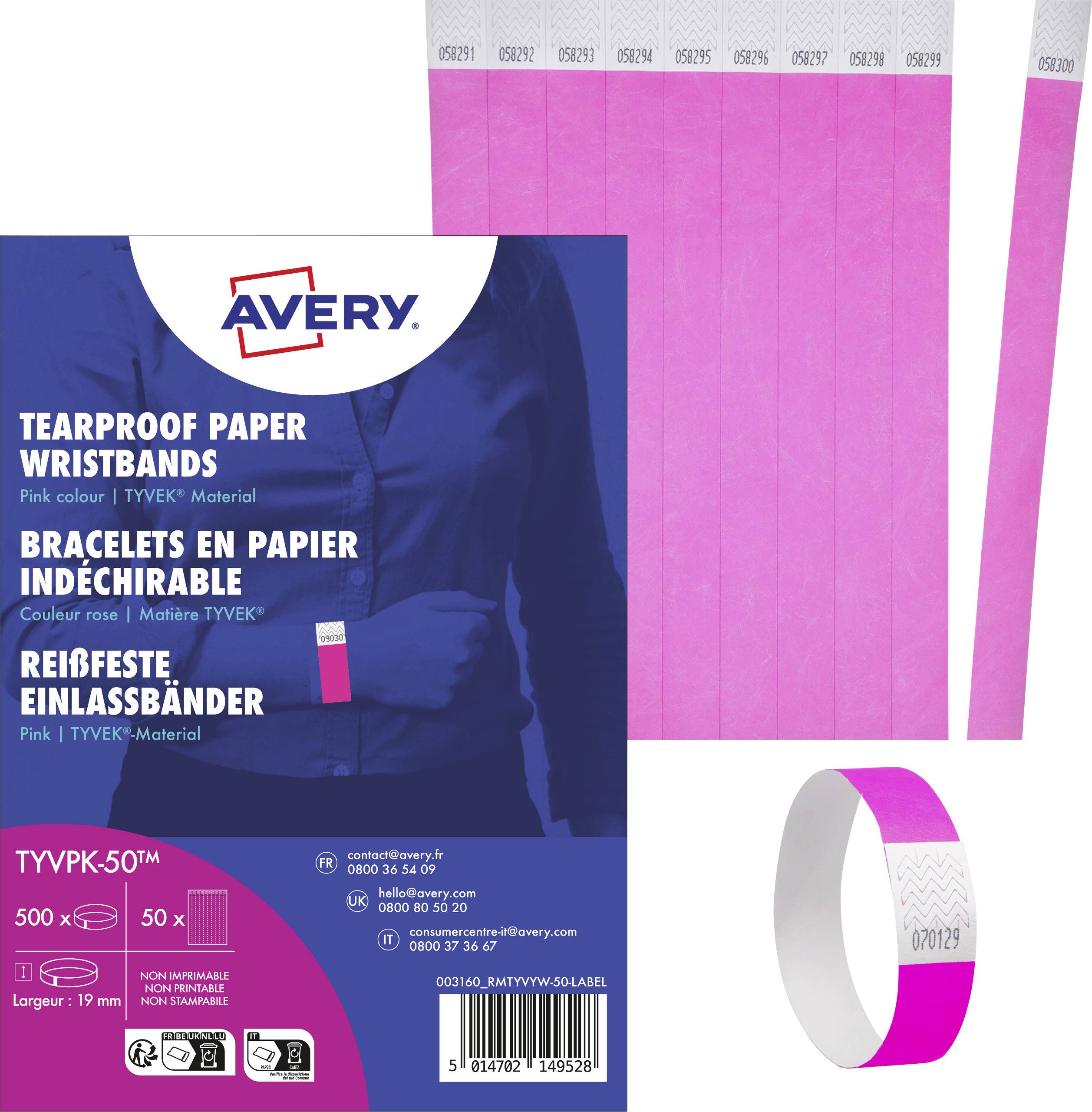 Bracelets en papier indéchirable AVERY, roses, en matériau Tyvek, lot de 500, 10 x 0,75 pouces. Inclut une image du bracelet.