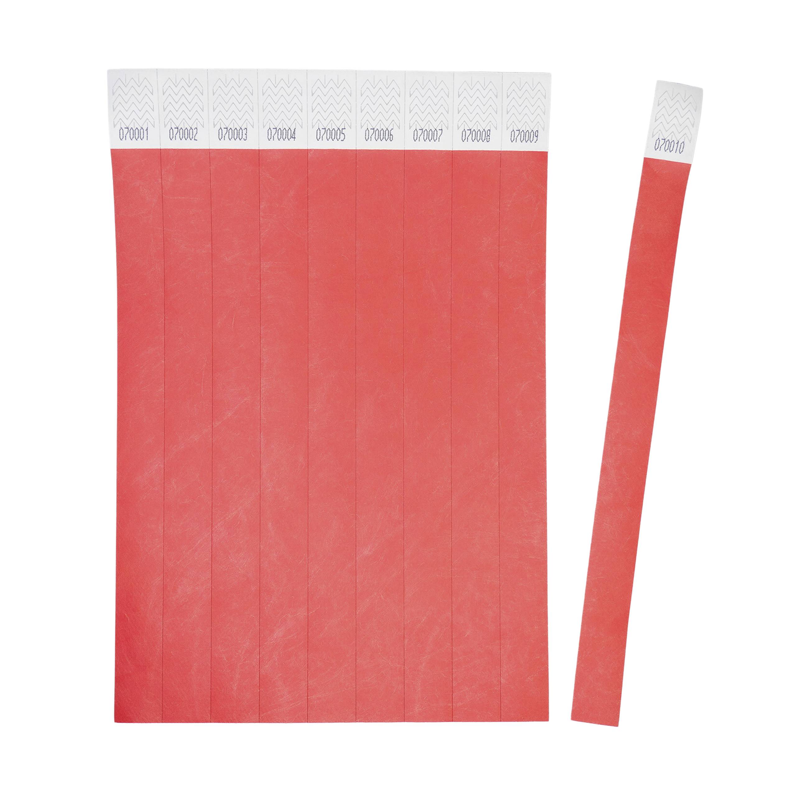Rubans de papier rouges, comme des bracelets d'entrée, numérotés de 00001 à 00010. Un ruban a été détaché et repose à côté à droite.