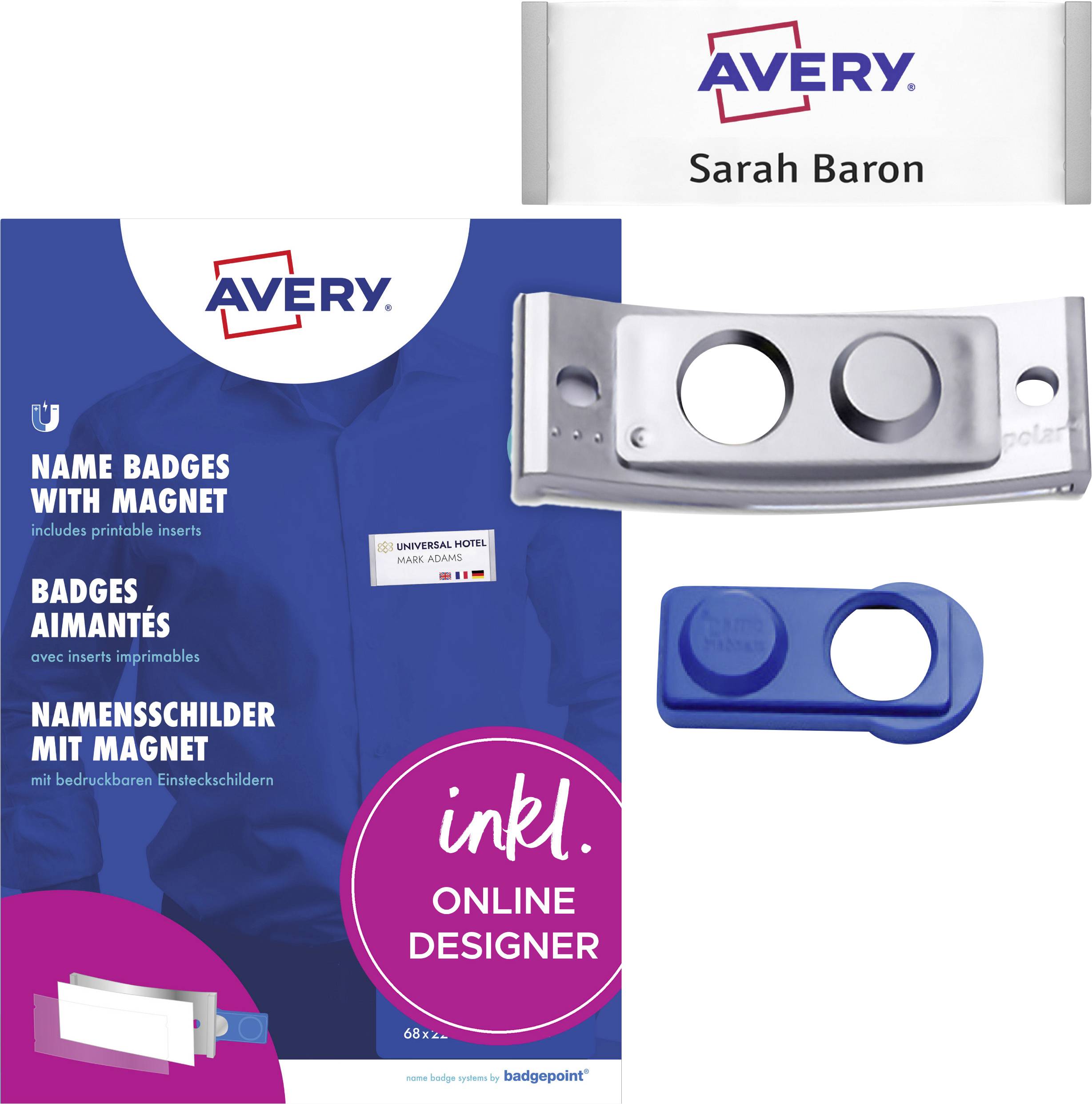 Kit d'badges nominatifs avec supports magnétiques, présenté dans son emballage avec la fonction de conception en ligne mise en évidence, comprenant un badge échantillon au nom de 'Sarah Baron'.
