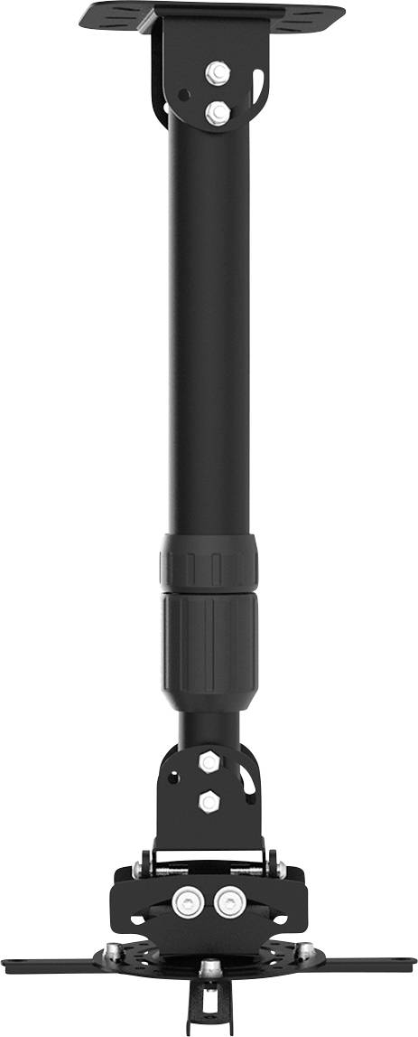 Un support de projecteur noir avec support réglable, adapté à une installation au plafond, est présenté verticalement.