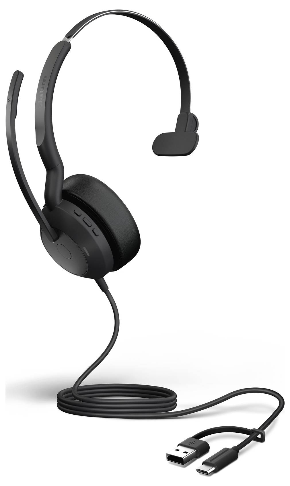 Casque USB noir avec arceau et câble. Idéal pour les réunions en ligne et les appels.