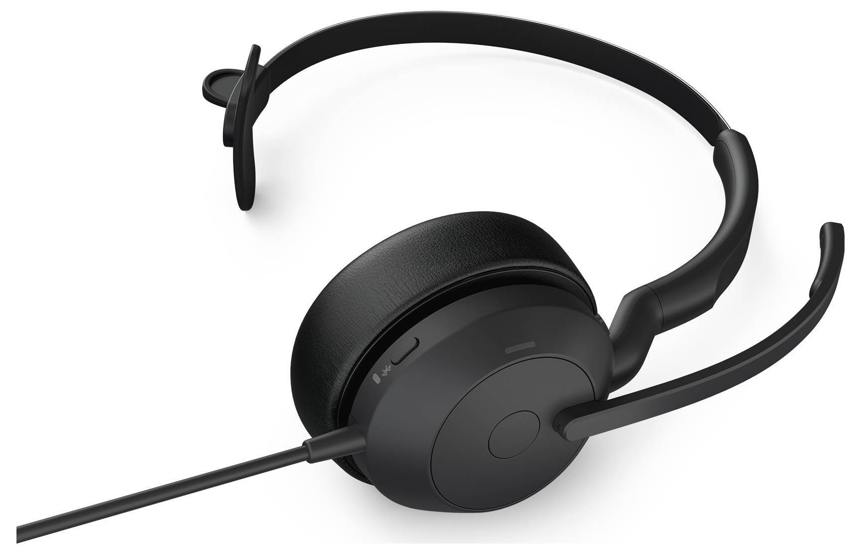 Un casque noir avec perche micro et coussinets d'oreilles rembourrés. Idéal pour les appels ou les réunions en ligne.