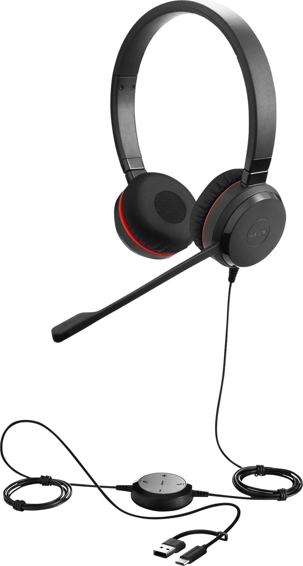 Casque USB noir avec microphone, coussinets d'oreilles et commandes sur le câble, connecté magnétiquement. Adapté aux appels informatiques et téléphoniques.