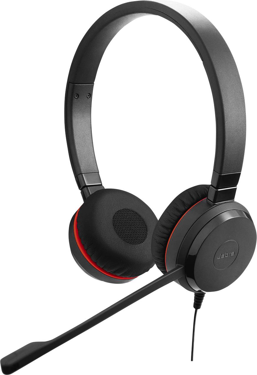 Casque noir avec perche micro, écouteurs rembourrés, accent rouge et connexion filaire, adapté pour la communication et la musique.