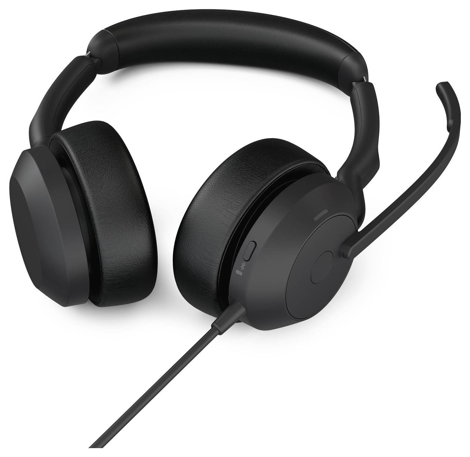 Casque noir filaire avec design circumaural et microphone rabattable, idéal pour une utilisation audio et de communication confortable.