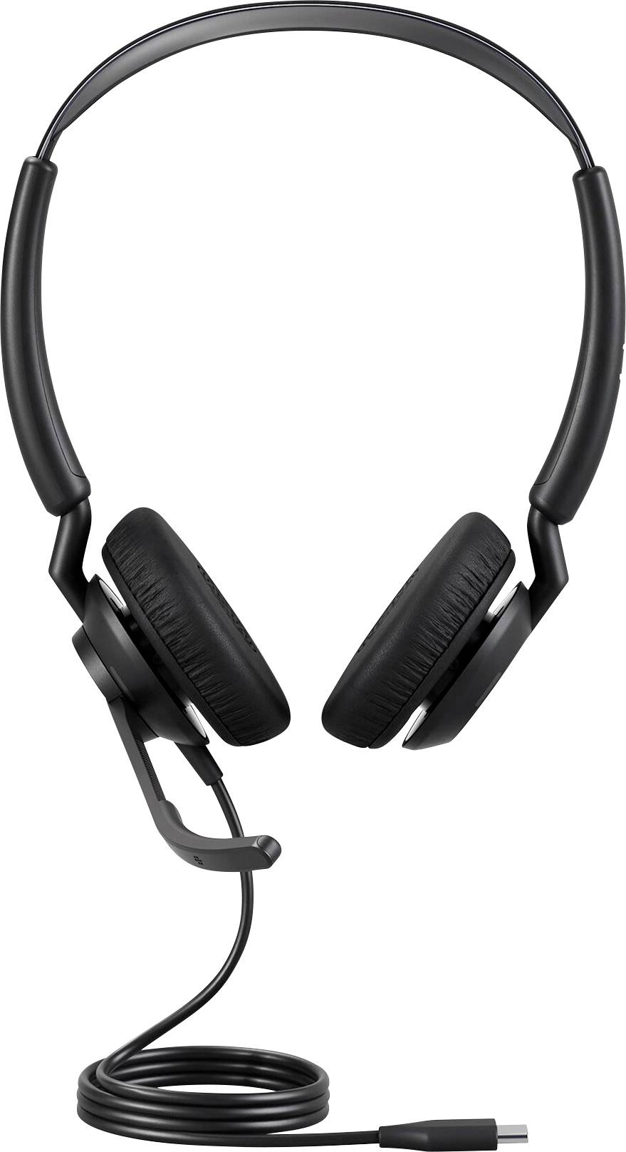 Casque audio noir supra-auriculaire avec microphone intégré et port USB-C, adapté aux appels téléphoniques et aux réunions en ligne.