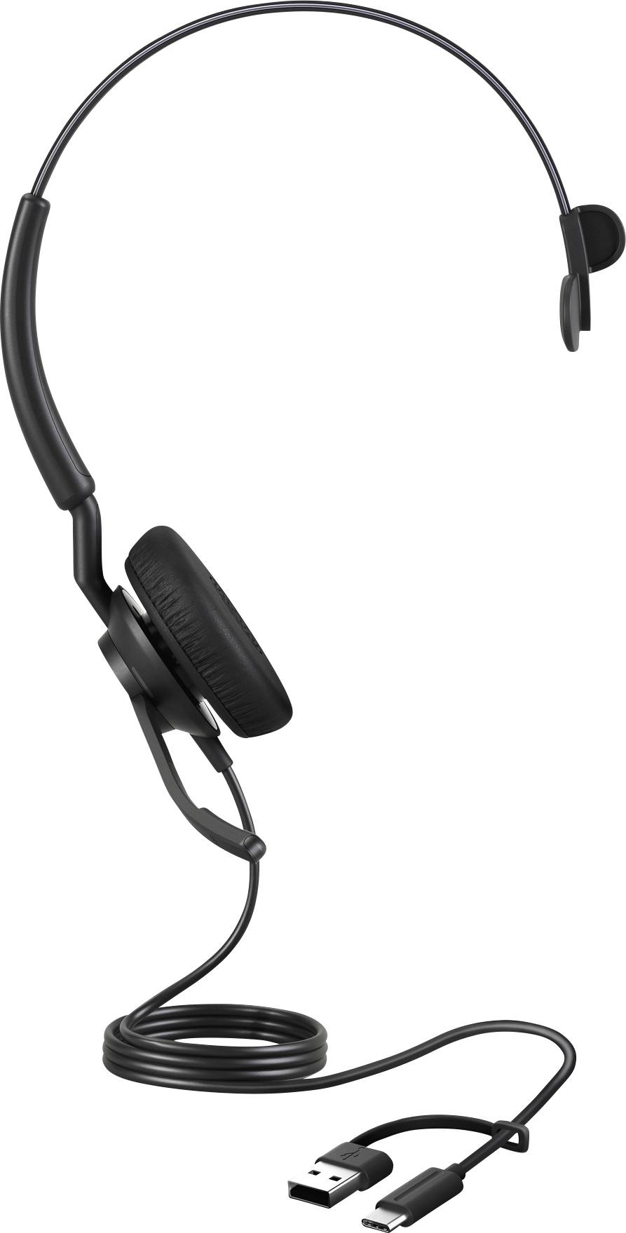 Casque audio noir, mono, avec connexion USB et perche de microphone flexible. Idéal pour les téléconférences ou l'utilisation sur PC.