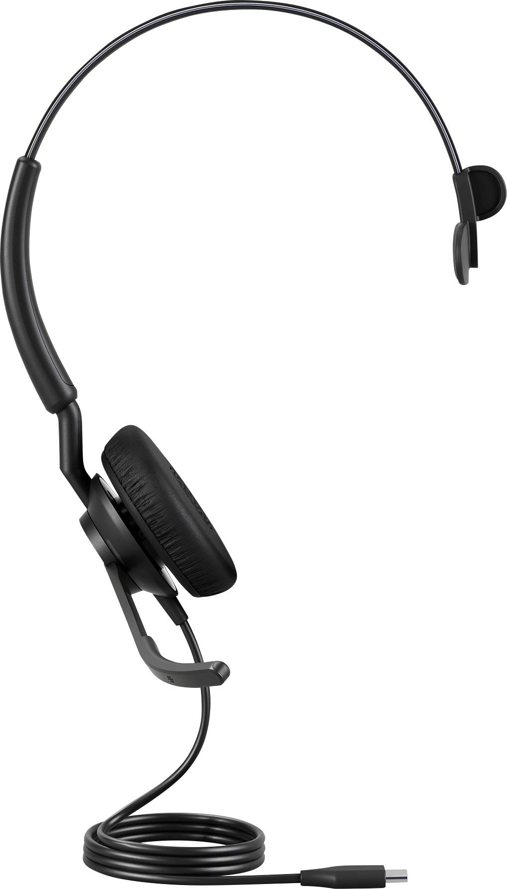 Casque mono avec connexion USB-C. Design noir, arceau flexible muni d'un coussin d'oreille. Idéal pour les appels et l'audio.
