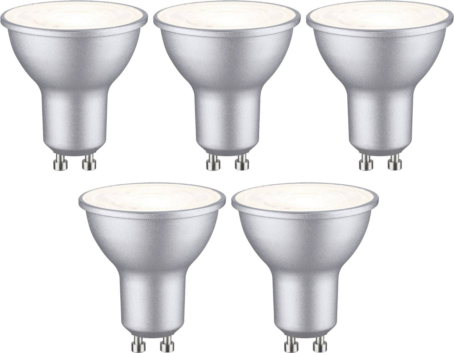 Cinq ampoules LED argentées disposées de manière uniforme, douille G9 visible, sur fond blanc.