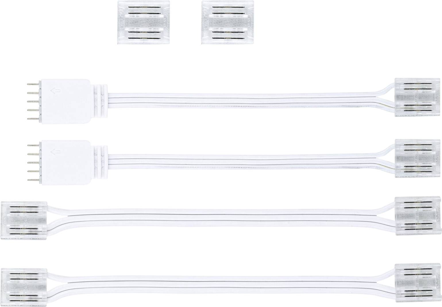 Trois câbles d'extension de bande LED blancs avec connecteurs et deux embouts de terminaison sont disposés côte à côte.