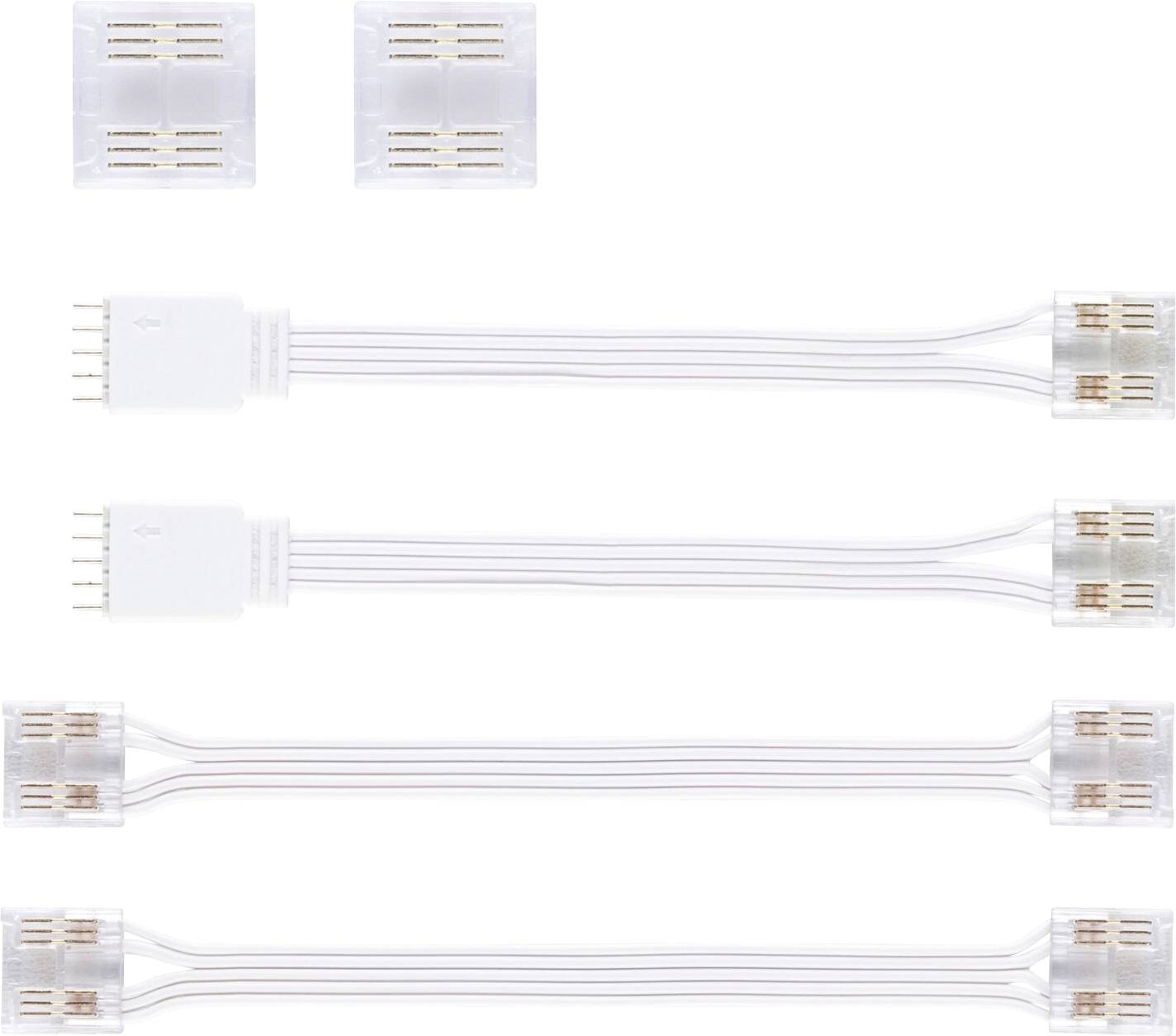 Quatre connecteurs de bande LED blancs avec des pinces et des câbles transparents, disposés de manière symétrique.