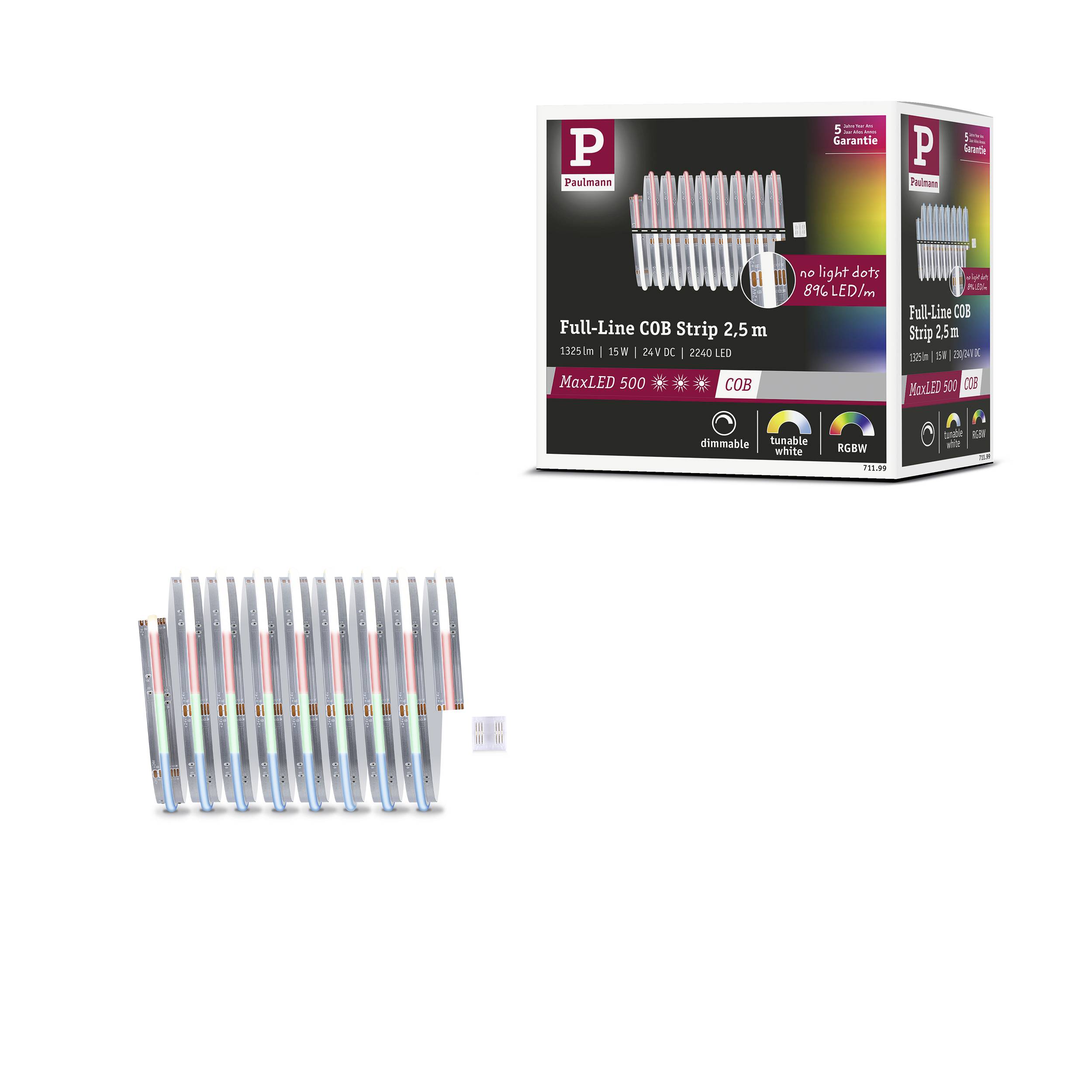 'Ensemble de bandes lumineuses LED avec emballage, 2,5 mètres, 3500 lumens, variateur d'intensité, fonction RVBB, marque Pallmann.'