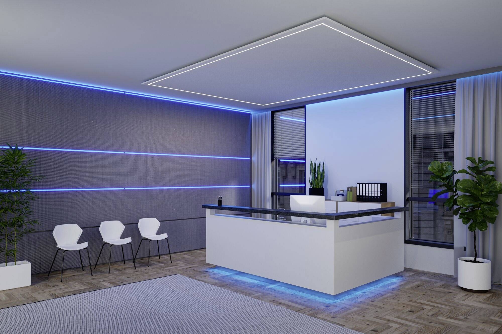 Espace d'accueil moderne avec un bureau et un éclairage bleu, trois chaises blanches à gauche, des plantes en pot et une grande fenêtre à droite.