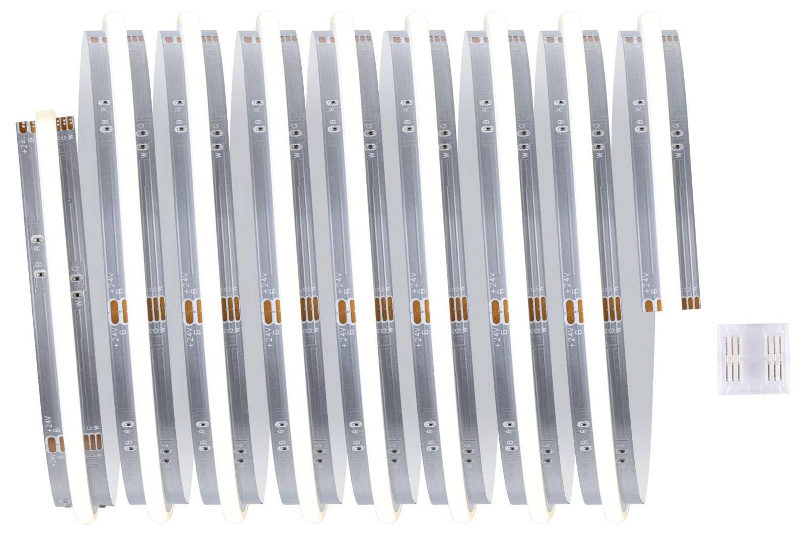 Bandes LED disposés en seize rangées côte à côte, avec un petit composant enfichable blanc à côté, sur un fond blanc.
