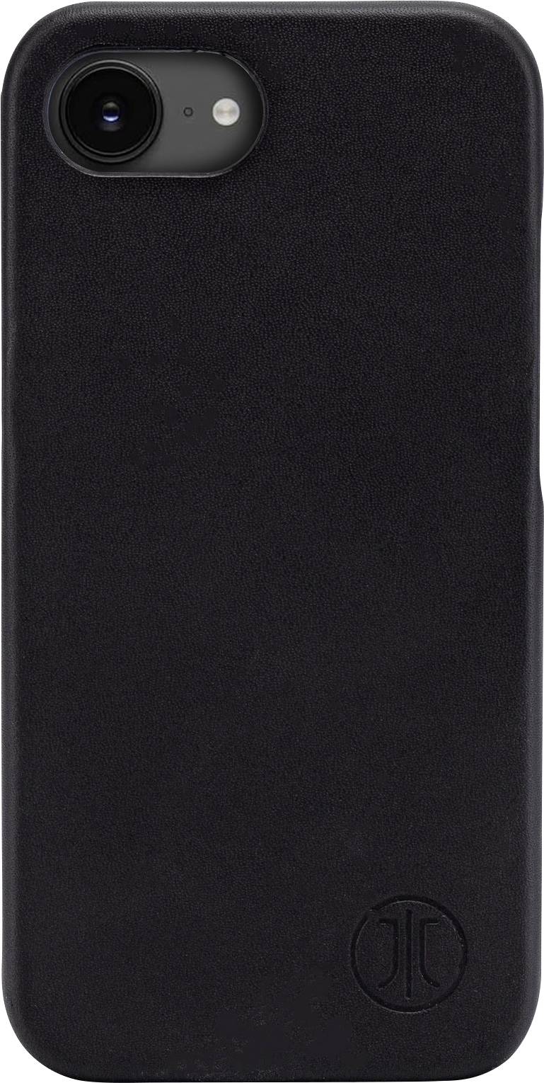 Coque de smartphone noire au design minimaliste avec un logo discret en bas à droite.