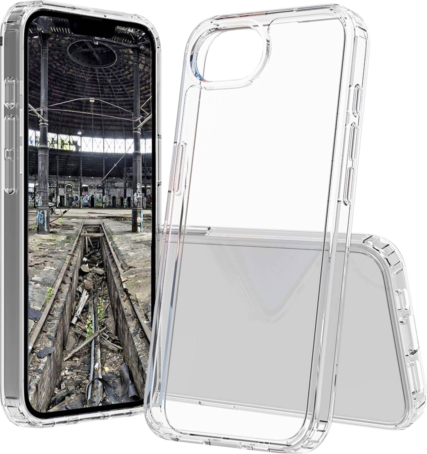 Étui de téléphone transparent à côté d'un smartphone. L'écran affiche une friche industrielle abandonnée avec des graffitis et un sol en ruines.