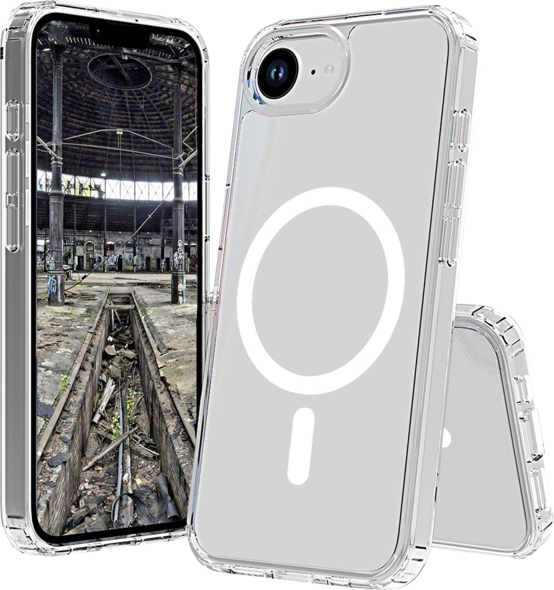 Étui transparent pour smartphone, mettant en évidence la compatibilité avec la charge sans fil. Le téléphone affiche une photo d'une halle industrielle abandonnée.