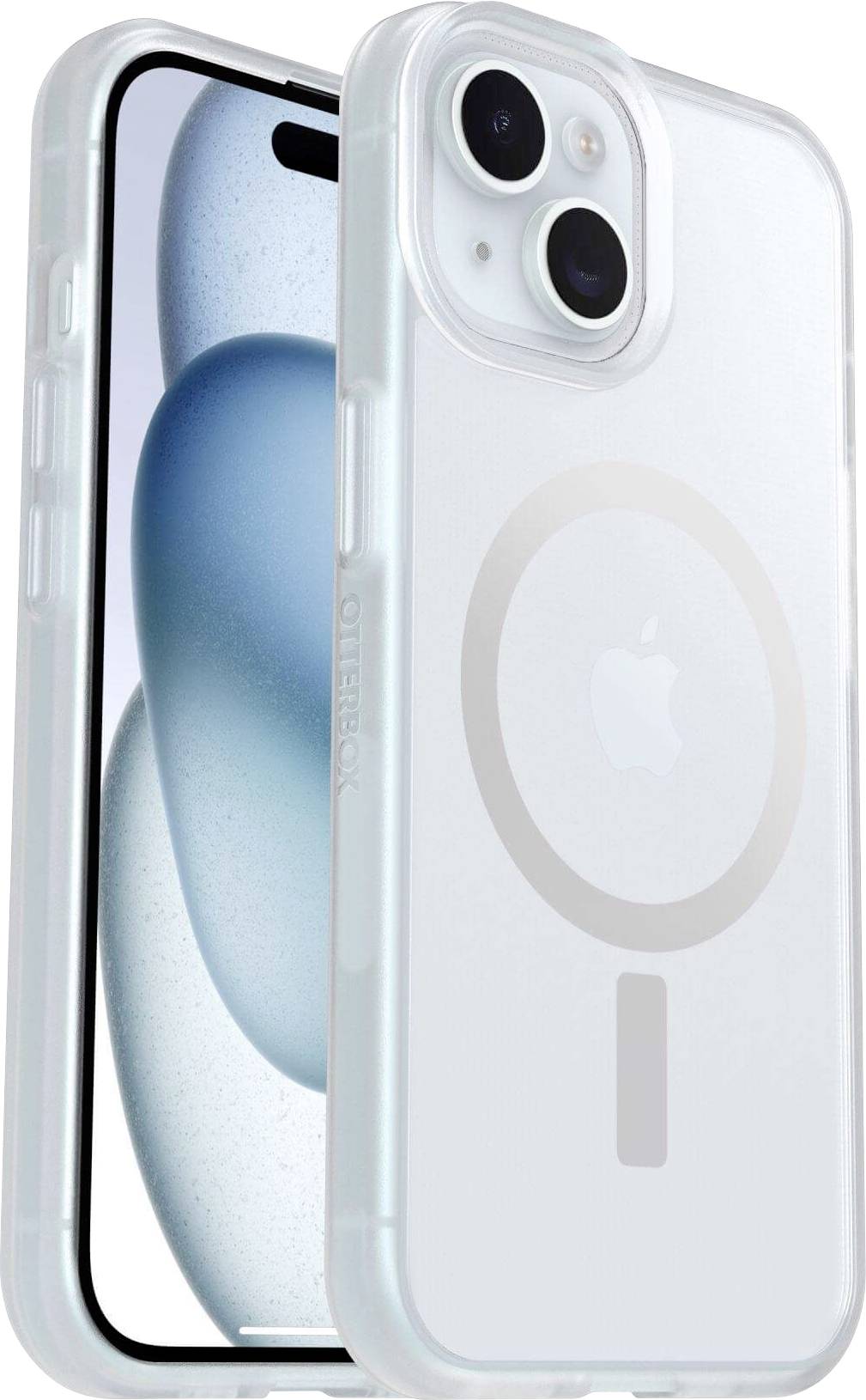 iPhone avec une coque de protection transparente et le cercle MagSafe visible, objectif de caméra à l'arrière, graphique d'écran bleu.